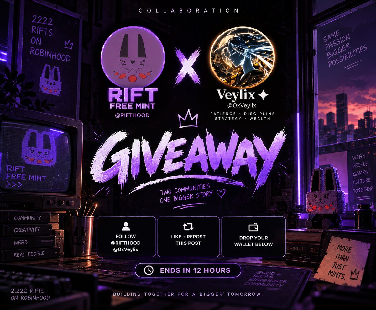 0xVeylix's tweet photo. Excited to collab with @RIFTHOOD  🫡

We’ve got 5 GTD spots up for grabs 👀

How to enter:

→ Follow @RIFTHOOD &amp; @0xVeylix

→ Like + Repost this post

→ Drop your wallet below 👇

⏳ Only 12 hours.

Good luck everyone 🟣🔥 https://t.co/NSQTV6gLQl