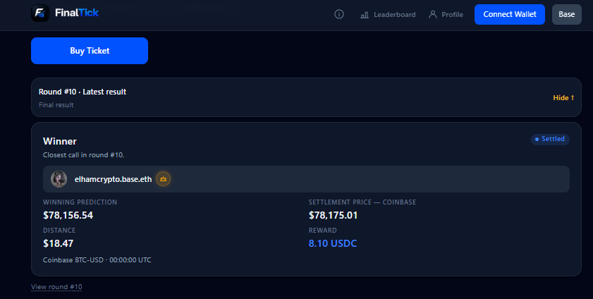 Finaltick's tweet photo. Round 10 settled.

Winner: elhamcrypto.base.eth
Called $78,156.54
Coinbase close: $78,175.01
Missed by $18.47

Closest number takes the pool.
Round 11 is the next shot.
https://t.co/Qw7mFcDVE3
