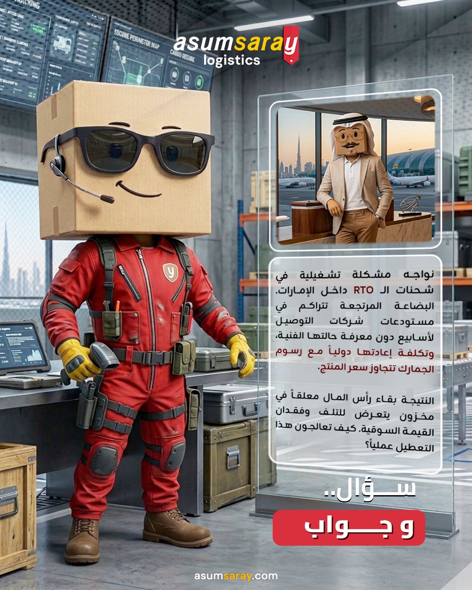 asumlogistics's tweet photo. السؤال:
نواجه مشكلة تشغيلية في شحنات الـ #RTO داخل الإمارات. البضاعة المرتجعة تتراكم في مستودعات شركات التوصيل لأسابيع دون معرفة حالتها الفنية�� وتكلفة إعادتها دولياً مع رسوم الجمارك تتجاوز سعر المنتج.

النتيجة بقاء رأس المال معلقاً في م��زون يتعرض للتلف وفقدان #القيمة_السوقية. كيف تعالجون هذا التعطيل عملياً؟

الجواب:
المعادلة ببساطة هي تحويل المرتجع من عبء شحن إلى مسار بيع محلي فوري. نبدأ بسحب #الشحنة مباشرة من شركة الميل الأخير داخل دبي بمجرد إلغاء الطلب، لتخضع لفحص جودة تقني مع توثيق مصور خلال 24 ساعة.

فور التأكد من سلامتها، تُنقل إلى مستودعنا المحلي لتظهر مباشرة في نظام #المخزون الحي المتاح للطلب داخل الإمارات ودول الخليج، ما يُسقط تلقائياً تكاليف الشحن الدولي ورسوم إعادة الاستيراد.

هذا المسار يعيد المنتج لدورة البيع كاملة خلال 48 إلى 72 ساعة، فيحمي هامش #الربح من التآكل، ويضمن استمرار تدفق السيولة في طلبات جديدة بدل تجميدها.