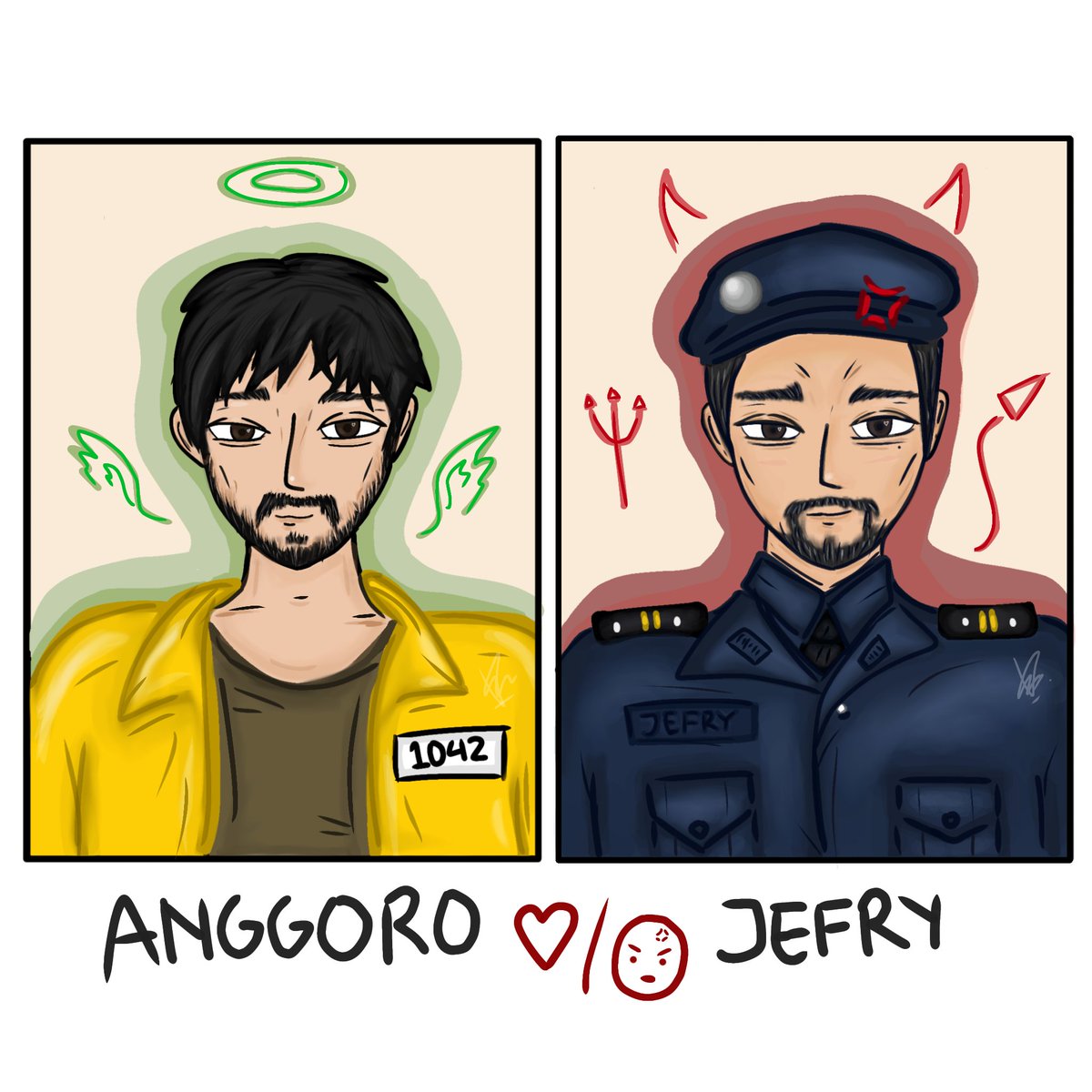 RiddlerzCo's tweet photo. First time doing this style of fanart‼️ currently obsessing over JefGoro from Ghost in the cell 🫠 should i made these into keychains? 

(PLSSS OFFER ME ANY FANMERCH OF THEM)

#GITC
#GhostInTheCell
#jefry
#anggoro https://t.co/YWFJypeIiJ