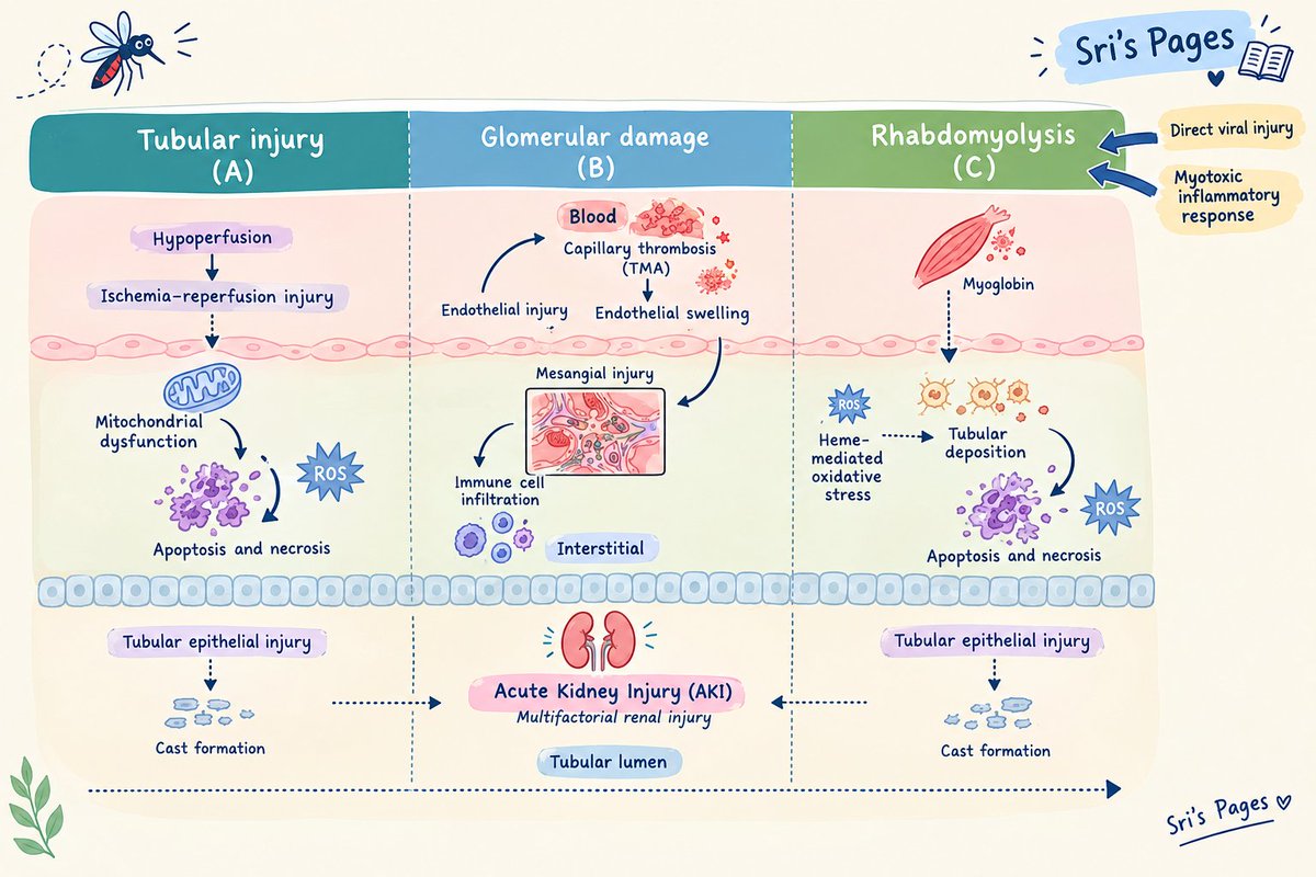 NephroNook's tweet photo. Dengue can injure the kidneys through multiple routes:

🩸 Hemodynamic compromise
🫘 Tubular and glomerular injury
💪 Rhabdomyolysis with pigment nephropathy
🧬 Immune-mediated damage

The final common pathway? Acute kidney injury. https://t.co/y2V7m0RsXZ