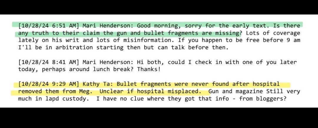 RealTeaWithTia's tweet photo. FYI: This is not “bias” reporting these are the facts as they were presented 👇🏾

On October 28, 2024 Megan’s lawyer texted Prosecutors Alex Bott and Kathy Ta and asked was there any truth to Tory’s claim of the bullet fragments being missing. 

Kathy Ta responded on that same date and said “Bullet fragments were NEVER FOUND after the hospital removed them”

Even after having this information from the STATE, Roc Nation lawyer Alex Spiro on 10/29/24 stated that Tory’s claims were false. A declaration was then released from the LAPD stating they had the fragments in custody. Signed October 31. 2024. 

Detective Stogner from the LAPD testified that the fragments were in fact missing during the pre trial in 2022. 

The 2020 police report also states that when Detective Eberhardt went to the hospital the hospital medical staff stated that “they did not report the presence of bullet slugs or evidence awaiting pick up in this case.”

“How you just gone up and change the facts?” - Tory Lanez on ‘Daystar Album’