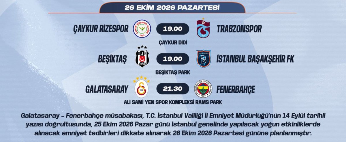 yellownavypen's tweet photo. Alıntıladığım tweeti de okumanızı öneririm.

Evet, valilik demiş ki "bu maçı pazar günü oynatmayın!" 

Bak hele bak :))

20.10 Salı Fenerbahçe-Slavia
21.10 Çarşamba Lille-Galatasaray

Normal şartlarda 25.10 Pazar oynanacak Galatasaray-Fenerbahçe maçı pazartesiye kaydırıldı... :)) https://t.co/j1t5TZjDok