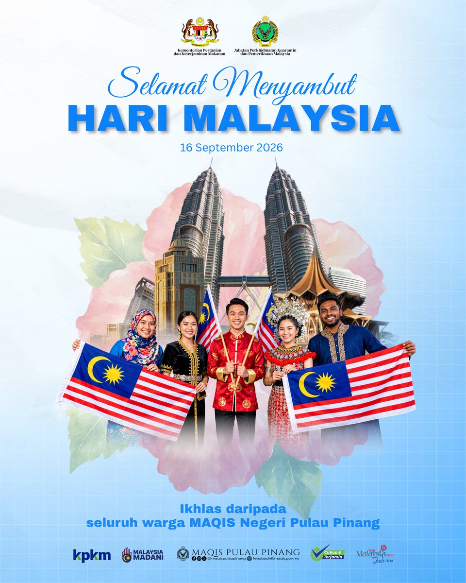 maqispenang's tweet photo. 🇲🇾 Selamat Menyambut Hari Malaysia 2026! 🇲🇾

Bersama membina Malaysia yang harmoni, bersatu dan sejahtera.

Ikhlas daripada seluruh warga MAQIS Negeri Pulau Pinang.

#MaqisMalaysia
#Penguatkuasaanberintegriti
#Malaysiamadani
#Agromadani
#Taatsetia https://t.co/kesPAY5O8T