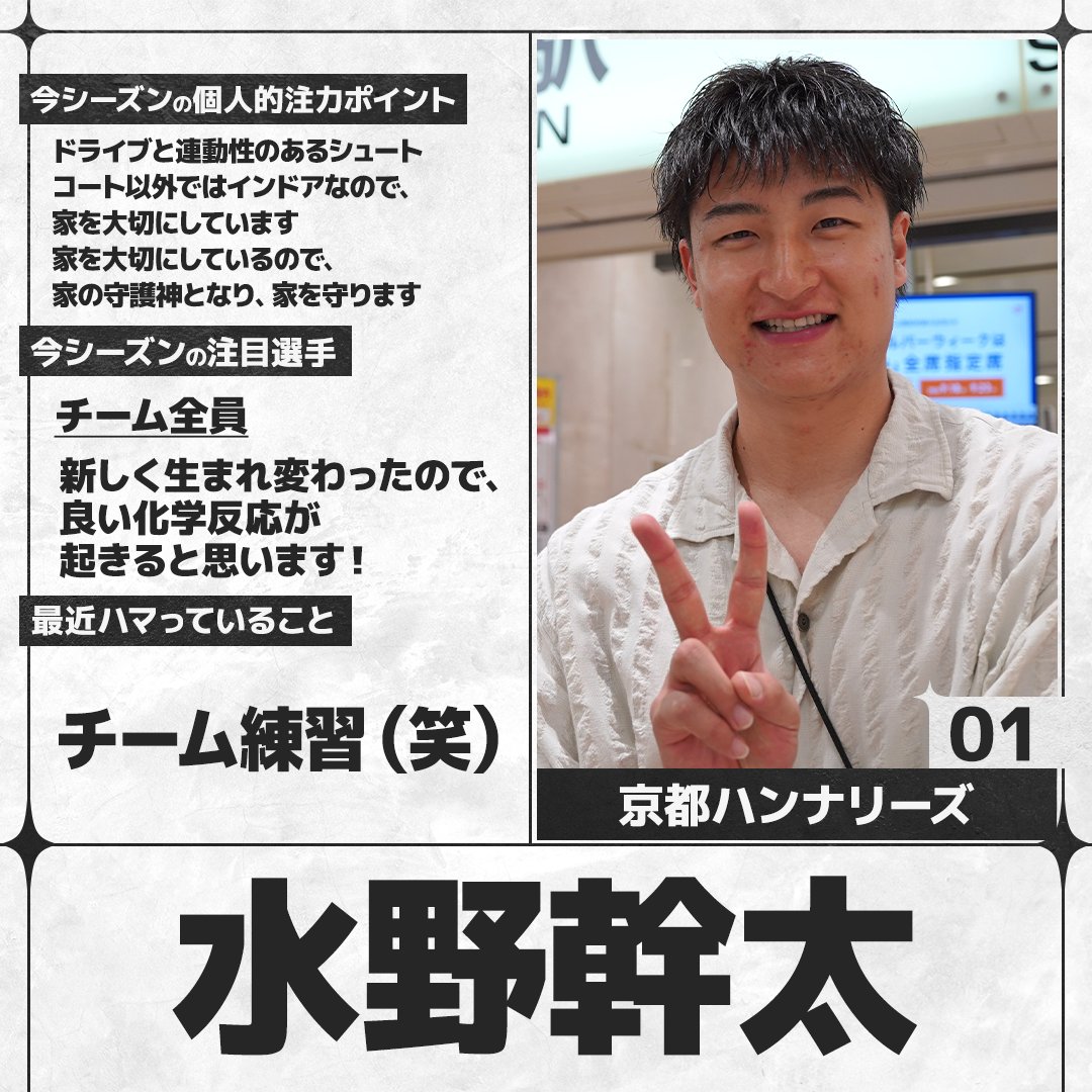 sn_basketball's tweet photo. ／
#Bリーグ 開幕まであと6日🏀
＼
B.PREMIERの選手にアンケートを実施。各選手の回答をお届けします！

#京都ハンナリーズ #水野幹太（@kyotohannaryz）

全選手の回答はこちら👇
https://t.co/iKIjuaPcXM https://t.co/CFCsRpEY24