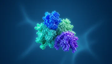 The image features a 3D molecular structure with interconnected clusters in blue, green, and purple, set against a gradient blue background.