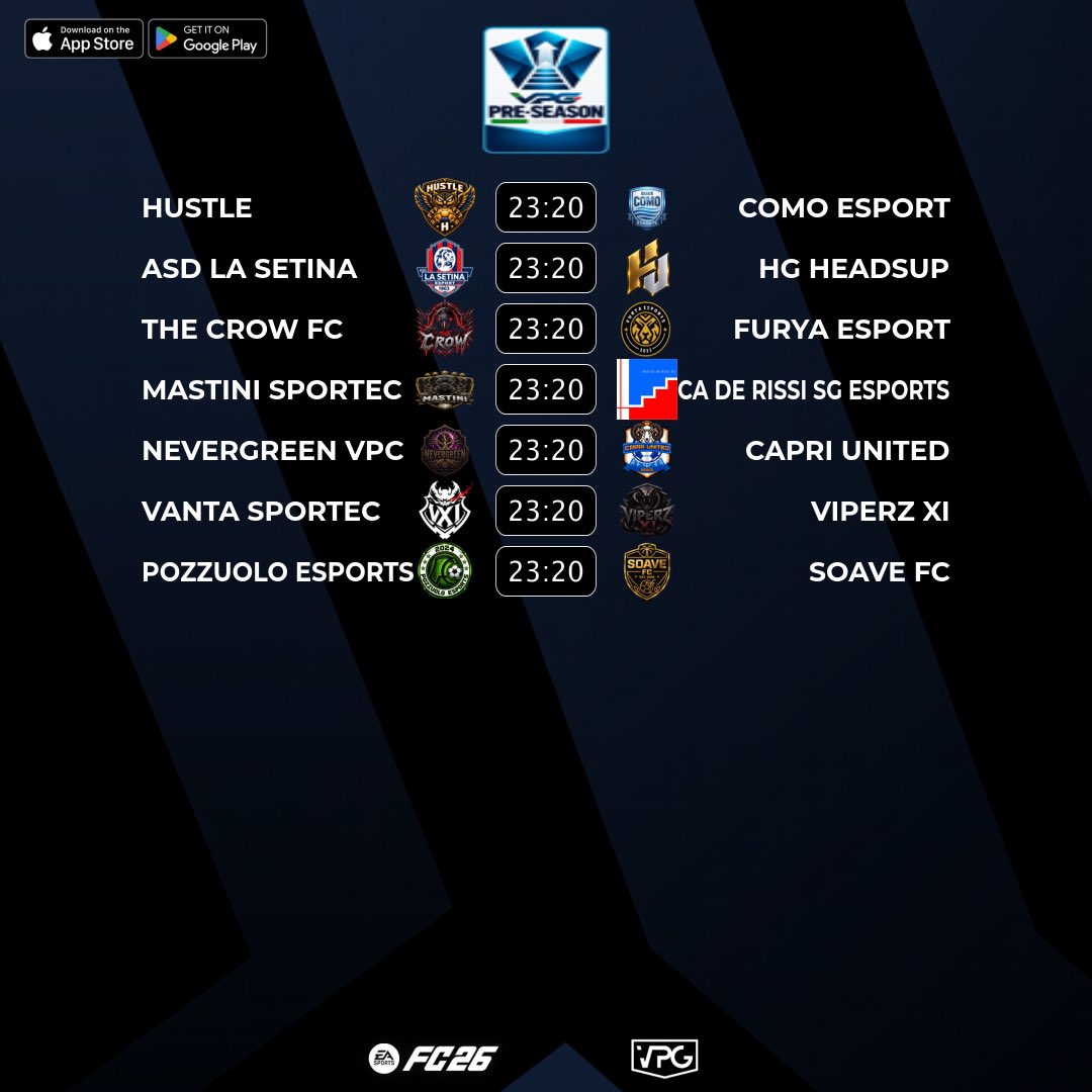 VPGItaly's tweet photo. 🇮🇹 @VPGItaly Pre-Season
⚽️ Match #6
🗓️ 15/09/2026 - 23:20
🖥️ https://t.co/PQYHjKtQmk

➡️ @HustleProClub 🆚 @Como_esports
➡️ @ASDLaSetinaeSp 🆚 @HeadsUpEs
➡️ @TheCrowFc_ 🆚 @FuryaeSports
➡️ @MST_evergreen 🆚 @Caderissisg_esp
➡️ @nevergreenvpc 🆚 @capri_united
➡️ @Vantaproclub 🆚 @ViperzXI
➡️ @BlackLionsFIFA 🆚 @SoaveFC

#FC26 #VPG #ProClubs #EAFC #WhereTheChampionsPlay
