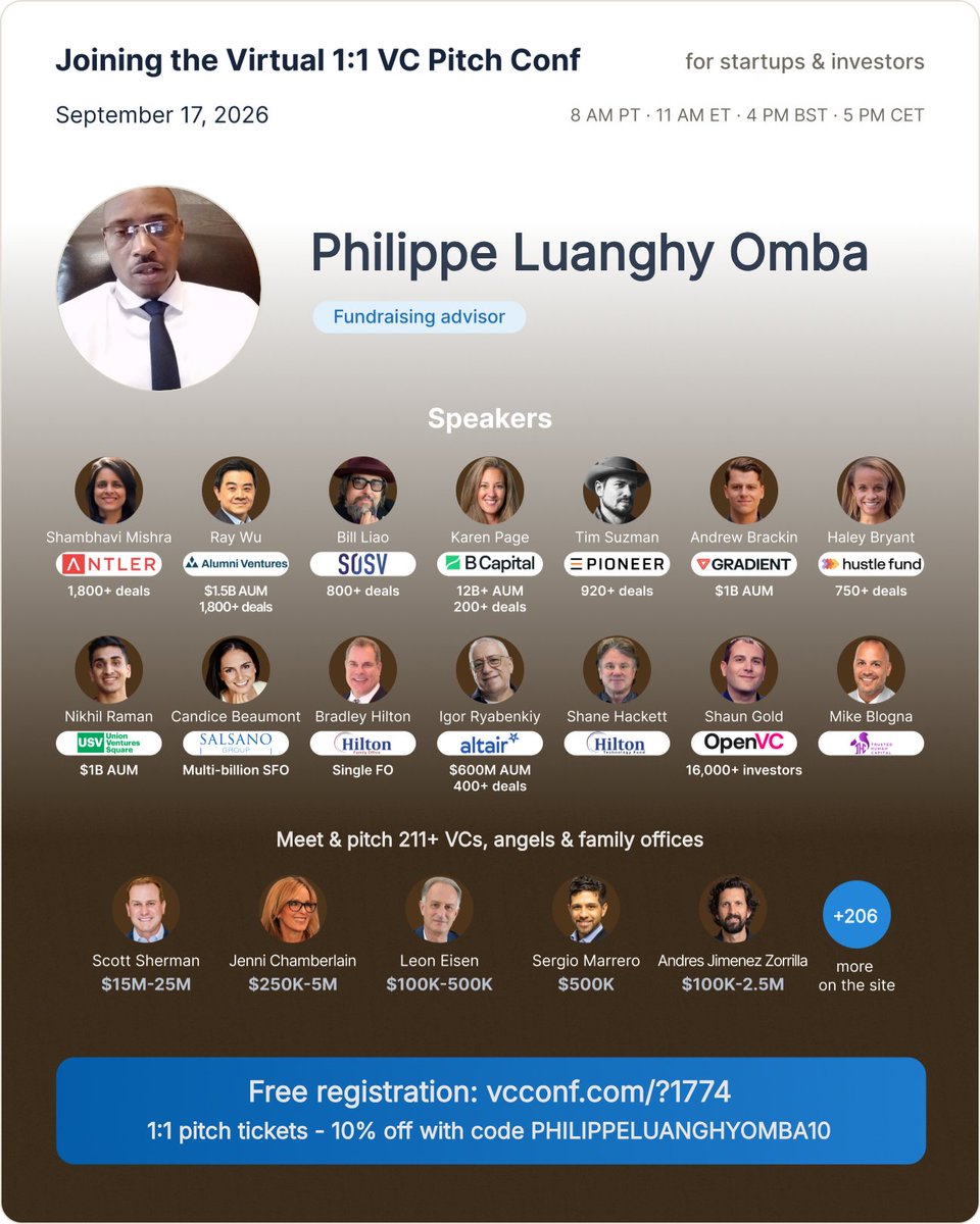 PhilippeL77's tweet photo. Looking for capital, investors or strategic partnerships in Central Africa?

I’ll be at a Virtual VC Conference on September 17, connecting with opportunities around investment and capital access.

🌍 The conference is in English.

Interested? DM me.

#Africa #Investment https://t.co/BAUZnxRsSm