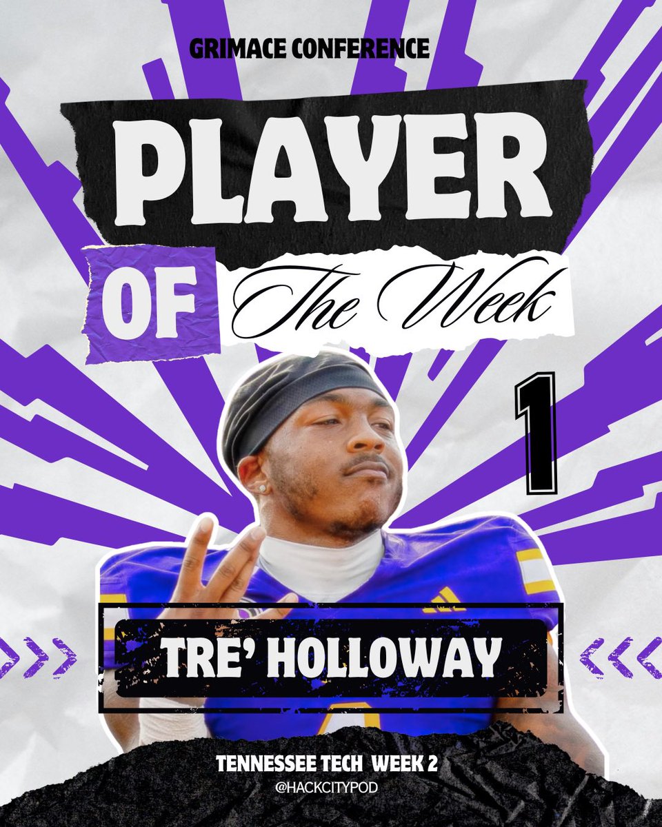 HackCityPod's tweet photo. Your week 2 Grimace Conference player of the week is Tre’ Holloway (@_TreHolloway) 

Tre’ had 6 receptions for 124 yds and 2 TD’s while also adding 85 yds and a TD on punt return https://t.co/rLtdog5Zyt