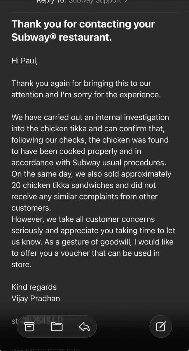 FlairEU_'s tweet photo. So I get served raw chicken, fall ill for 4 days because of what I ate and your telling me it was definitely cooked but your offering me a voucher for my trouble? This is disgusting. What do you think? #raw #subway @SUBWAY https://t.co/fRX9BAizrF