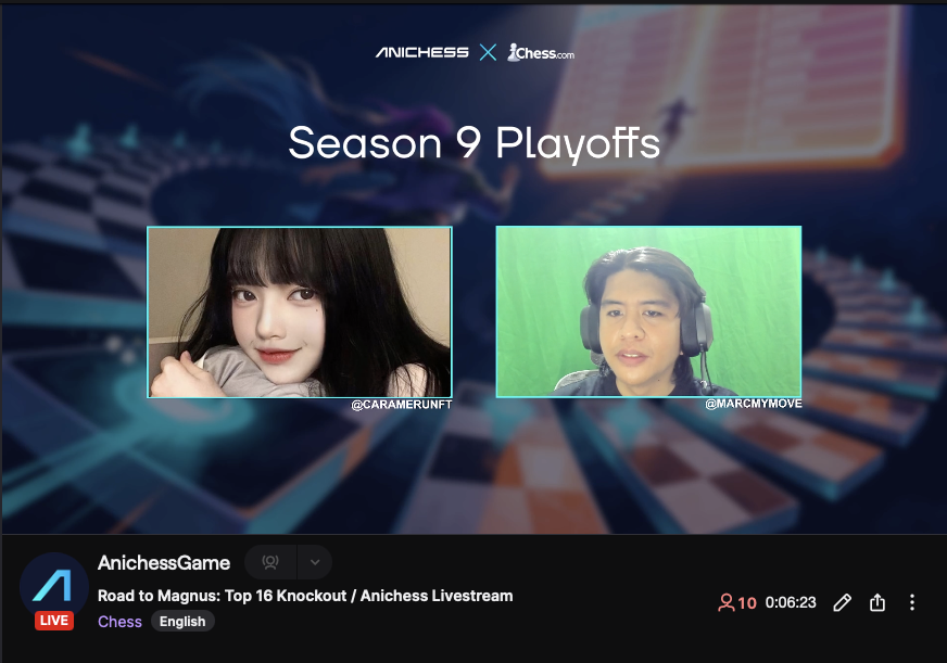 AnichessGame's tweet photo. Season 9 Playoffs are live now on Twitch

Join @caramerunft &amp; @MarcMyMove in the watch party https://t.co/pmysix3BwC