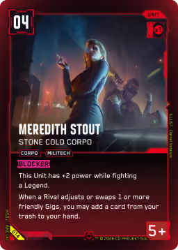 Choomgg's tweet photo. π CARD OF THE DAY π
Meredith Stout β Stone Cold Corpo
Unit β’ Red β’ Cost 4 β’ RAM 1 β’ PWR 5
What's the play -- auto-include, tech pick, or bench it? Drop your take π
https://t.co/pciIvpbftm
#CyberpunkTCG #ChoomGG https://t.co/rWM6GtAfCL