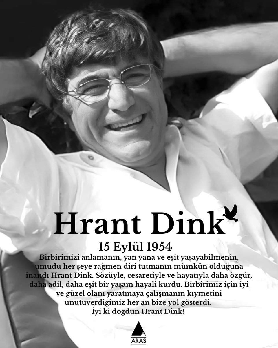 arasyayincilik's tweet photo. Birbirimizi anlamanın, yan yana ve eşit yaşayabilmenin, umudu her şeye rağmen diri tutmanın mümkün olduğuna inandı Hrant Dink. Sözüyle, cesaretiyle ve hayatıyla daha özgür, daha adil, daha eşit bir yaşam hayali kurdu. Birbirimiz için iyi ve güzel olanı yaratmaya çalışmanın kıymetini unutuverdiğimiz her an bize yol gösterdi. İyi ki doğdun Hrant Dink!