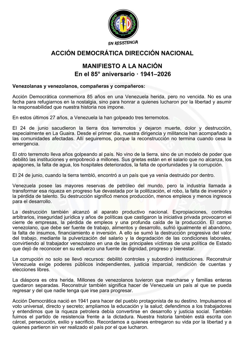 ADOrganizacion_'s tweet photo. Manifiesto al país con motivo del 85° aniversario de nuestro partido Acción Democrática. https://t.co/CUTBmcszuq