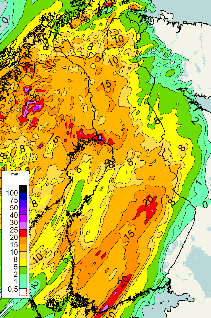 meteorologit's tweet photo. Huomenna keskiviikkona sateenvarjo kannattaa aamulla napata mukaan, sillä päivästä on tulossa sateinen suuressa osassa maata. ☔️Paikoin etelässä ja Meri-Lapissa sadekertymä voi nousta yli 20 millimetrin. Sateet alkavat lännessä jo ensi yönä ja leviävät päivän aikana idemmäksi. https://t.co/AKLxXfN1Au