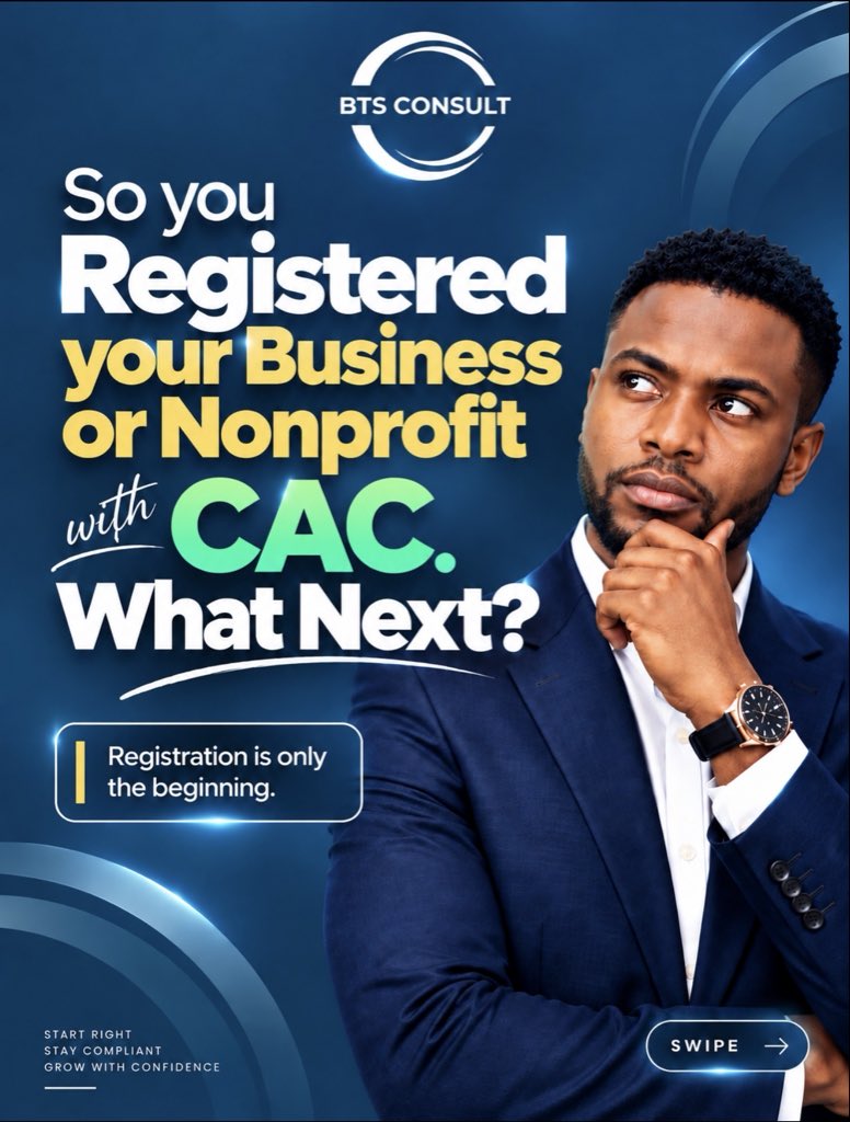 BtsConsult's tweet photo. CAC registration is only the beginning.

What next?

𝗡𝗥𝗦 𝗥𝗲𝘃 𝟯𝟲𝟬. Licences &amp; permits. Trademark protection. Annual Returns. Ongoing compliance.

Don’t just register your business. 𝗕𝘂𝗶𝗹𝗱 𝗶𝘁 𝗿𝗶𝗴𝗵𝘁. 💙 https://t.co/qcJsjrU8m6