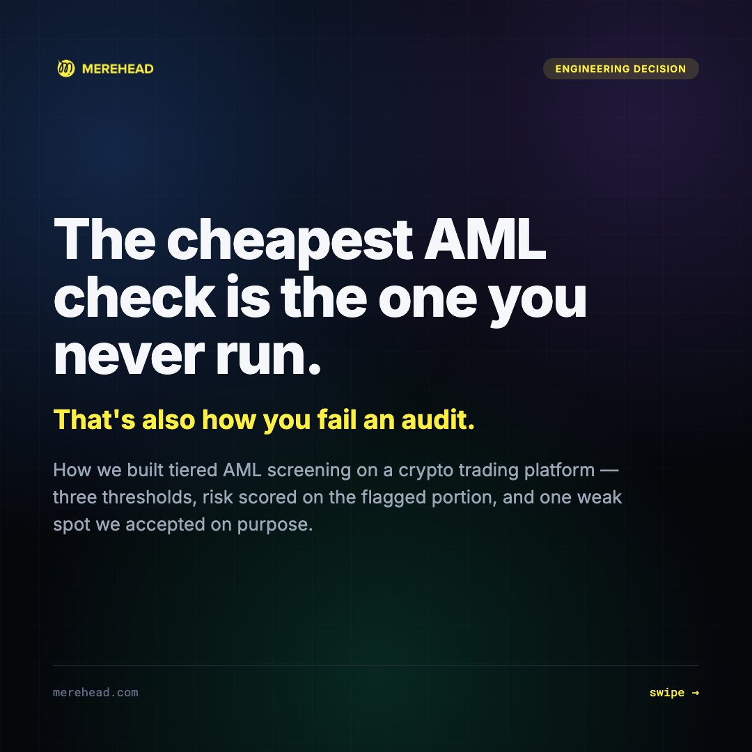 merehead_llc's tweet photo. Instead of screening every transaction, the team built a three-threshold AML pipeline that scores risk on the flagged portion of a transaction rather than its full amount and deliberately applied the "skip" rule to deposits only. https://t.co/HZWuwC5EyR