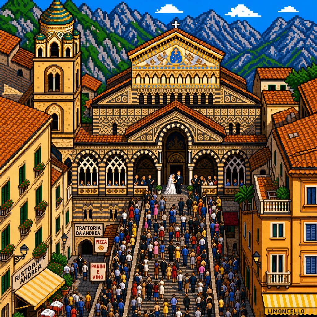 sickbitsio's tweet photo. Cathedral of St. Andrew, Amalfi ⛪🇮🇹
a wedding spilling down 62 steps, striped facade catching the light, mountains standing guard behind it all

day 4 of the daily pixel drop

#amalficoast #amalfi #cathedral #italy #wedding #travelart #digitalart #artistsoninstagram https://t.co/6jHau4bLgz