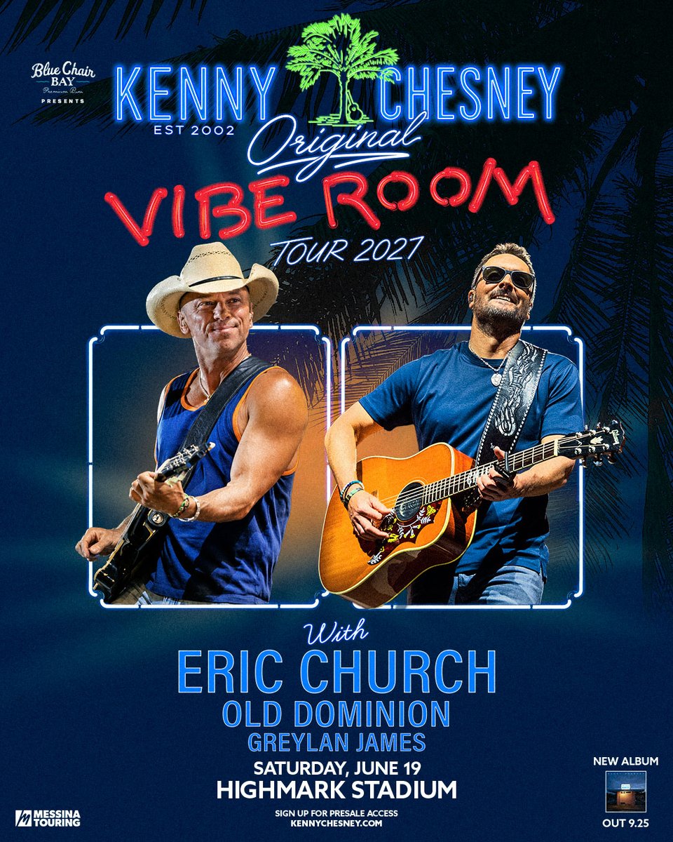 HighmarkStadm's tweet photo. JUST ANNOUNCED: Kenny Chesney is bringing summertime back to stadiums on The Original Vibe Room Tour! He’s bringing Eric Church, Old Dominion and Greylan James along for the party at Highmark Stadium on June 19, 2027!

🌴 Vibe Room Presale starts 9/17
🎟️ Public on sale starts 9/25 at 10 AM
