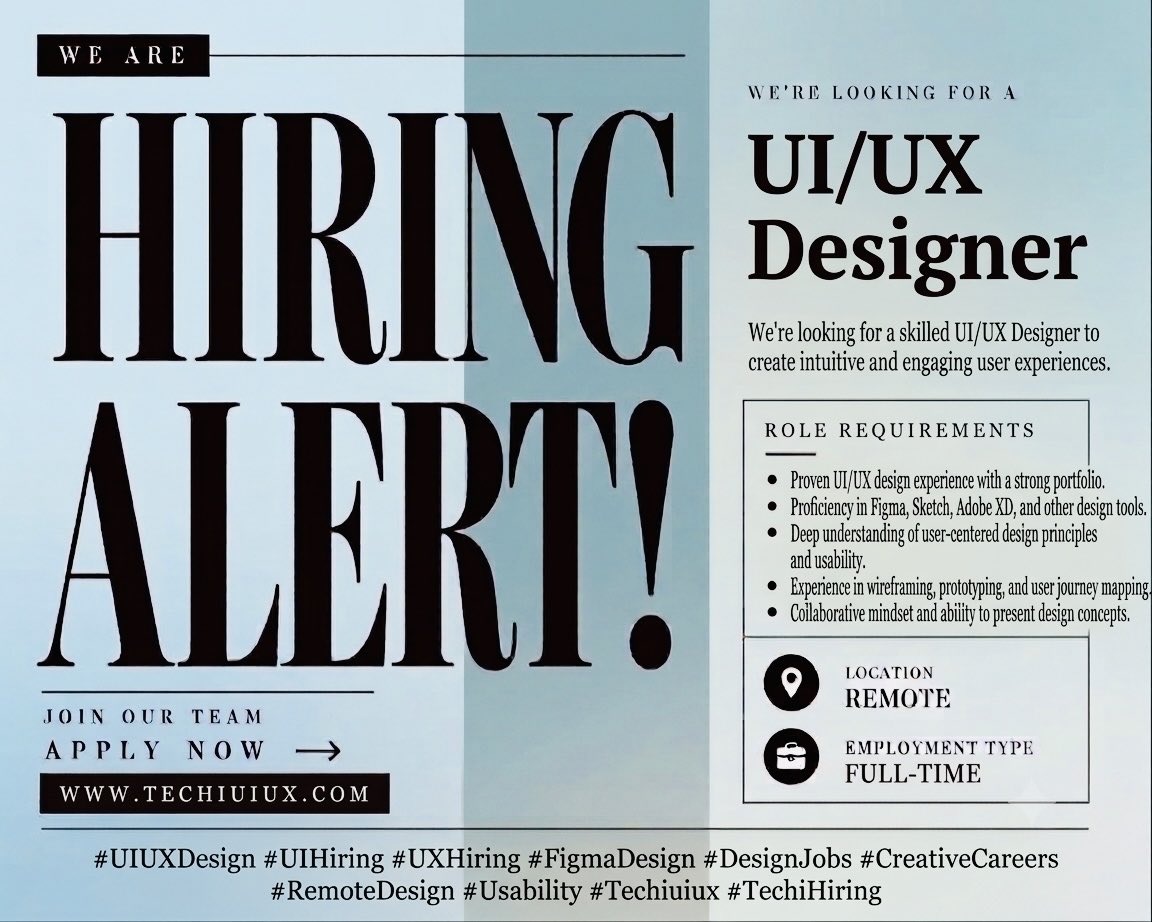 real_techihire's tweet photo. Hiring Alert: UI/UX Designer

Apply Now: https://t.co/vJvrF98tab

We're looking for a creative UI/UX Designer.
Location: Remote
Employment Type: Part-Time

#Hiring #UIUXDesigner #JobsInIndia #DesignJobs #RemoteJobs #HiringIndia #CareerGrowth #IndianStudents #JobSearch #Tech https://t.co/MEwzbsTNee