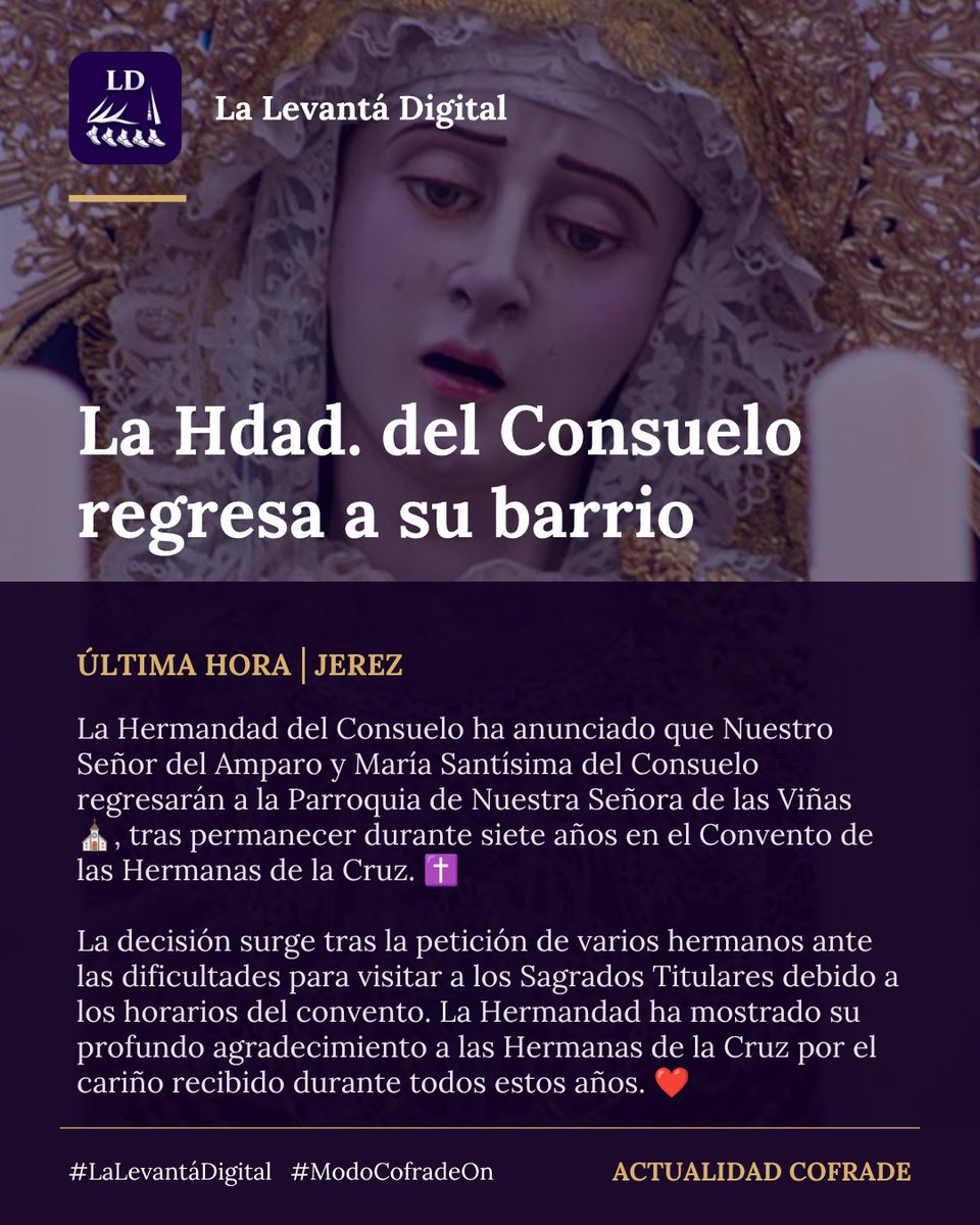 levantadigital's tweet photo. 🚨🚨#UltimaHora: Nuestro Señor del Amparo y María Santísima del Consuelo regresarán a la Parroquia de Nuestra Señora de las Viñas.

✝️ Hermandad: @HConsueloJerez.
📍 Localidad: Jerez de la Frontera.

#consuelo #jerez #viñas #amparo https://t.co/Q7csxONtYq