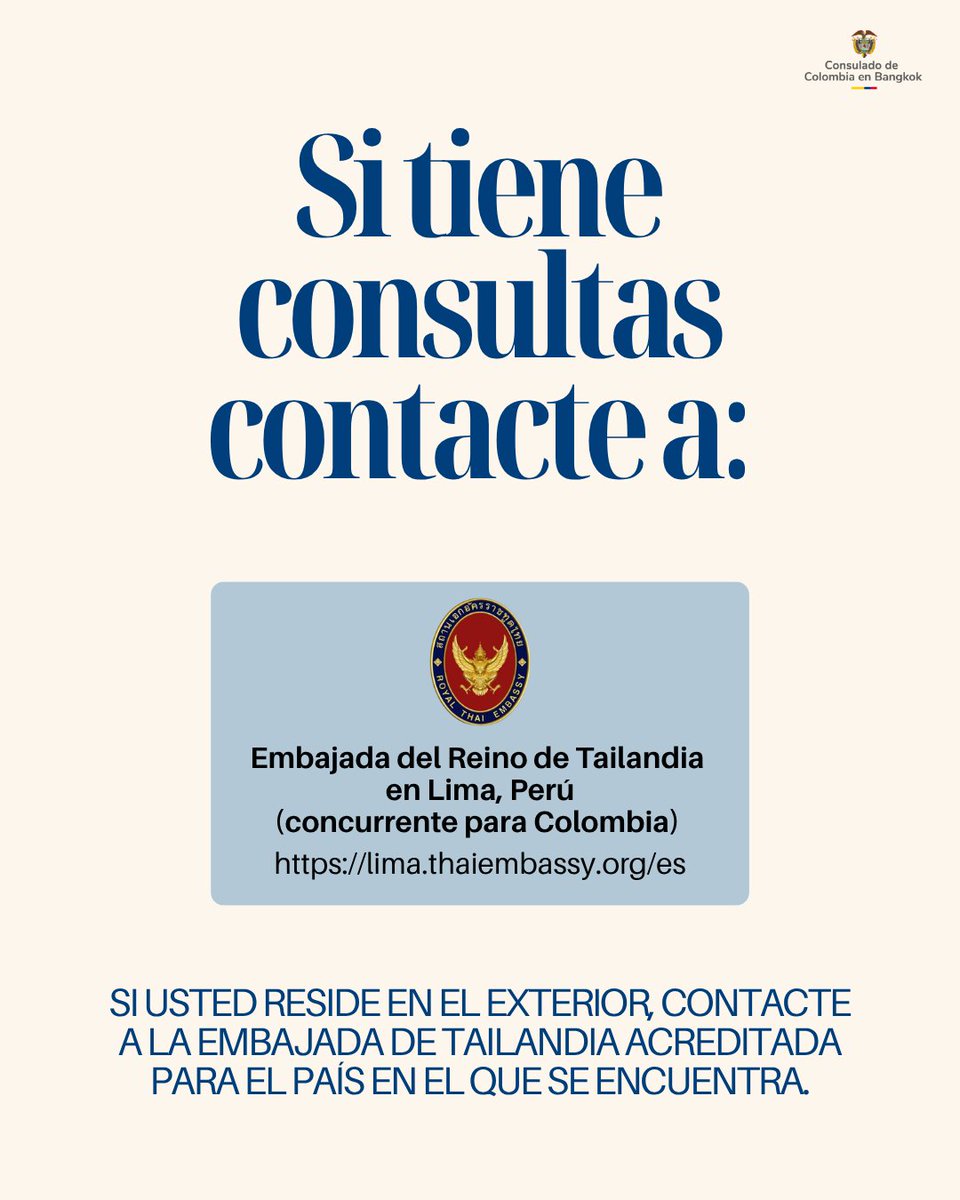 embcoltailandia's tweet photo. Atención. Desde hoy 15 de septiembre, colombianos con pasaporte ordinario deberán contar con visa para ingresar a Tailandia. Para consultar requisitos y aplicar: https://t.co/BFAf3ix5IB. Para solicitar información y resolver inquietudes: https://t.co/sOOZu5TNXa visa.lim@mfa.go.th https://t.co/Dkr6h0unCn