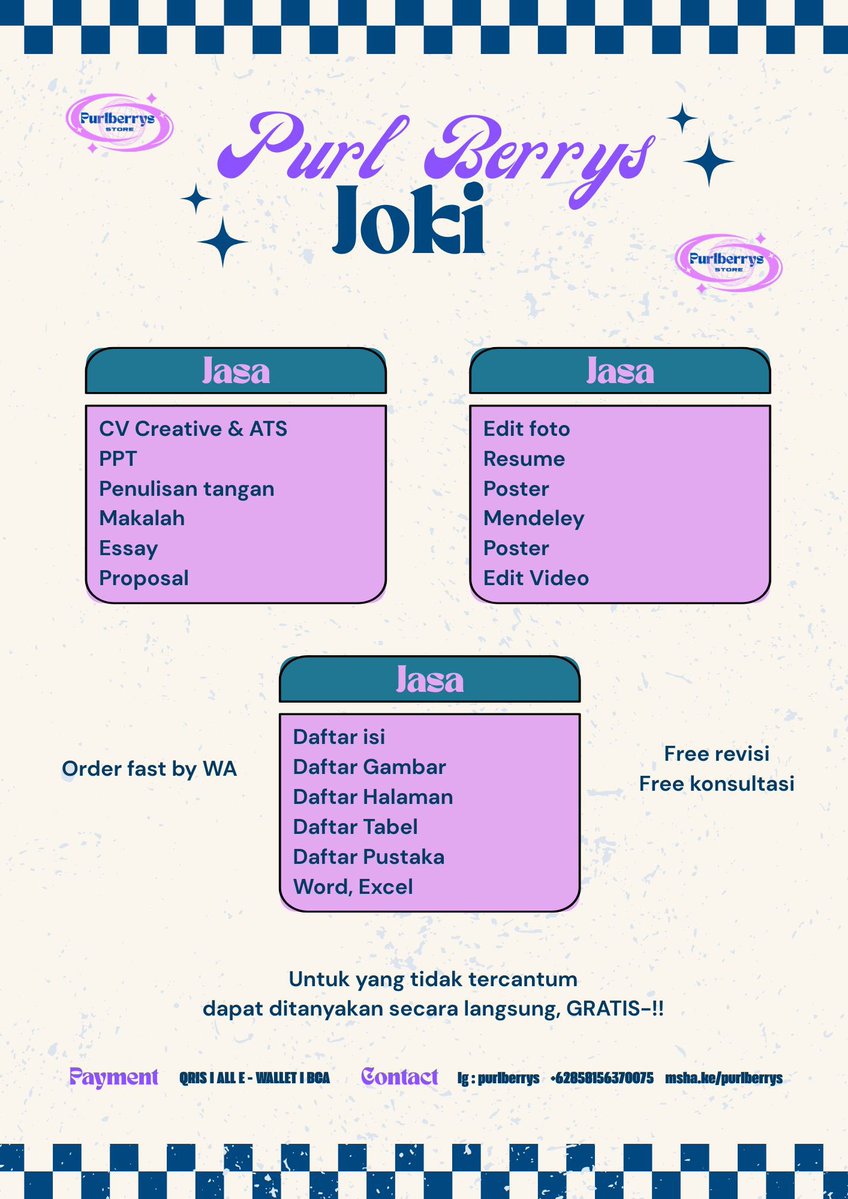 purlbrrys's tweet photo. hai, custpurl🤗
minpurl menyediakan kebutuhanmu terkait aplikasi premium, kebsos, robux, turnitin, unblur, jasa cari e - book, jurnal, dan joki tugas🤩
yuk sung jajan fast by WA dan DM yaw😉🫰🏻
#bealanja https://t.co/FmbJK80oVt