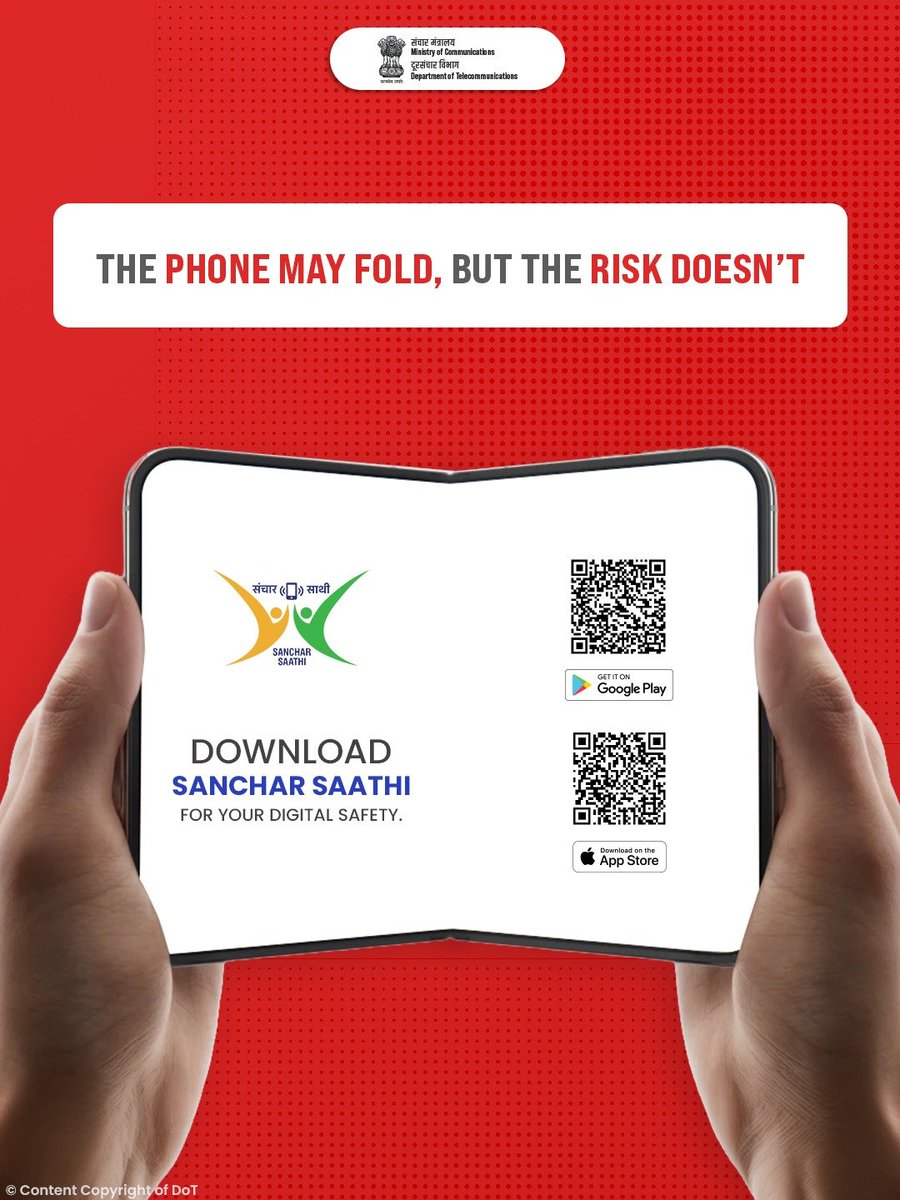 DoT_India's tweet photo. Phone: “I can fold.”
Scammer: “I can fool.”
You: “Not today.”
Keep your digital life safer with Sanchar Saathi.
#Phoneduo #Foldphone #SancharSaathi #Trend
@JM_Scindia @PemmasaniOnX @PIB_India @pib_comm @DDNewslive https://t.co/ezseYLJe1w