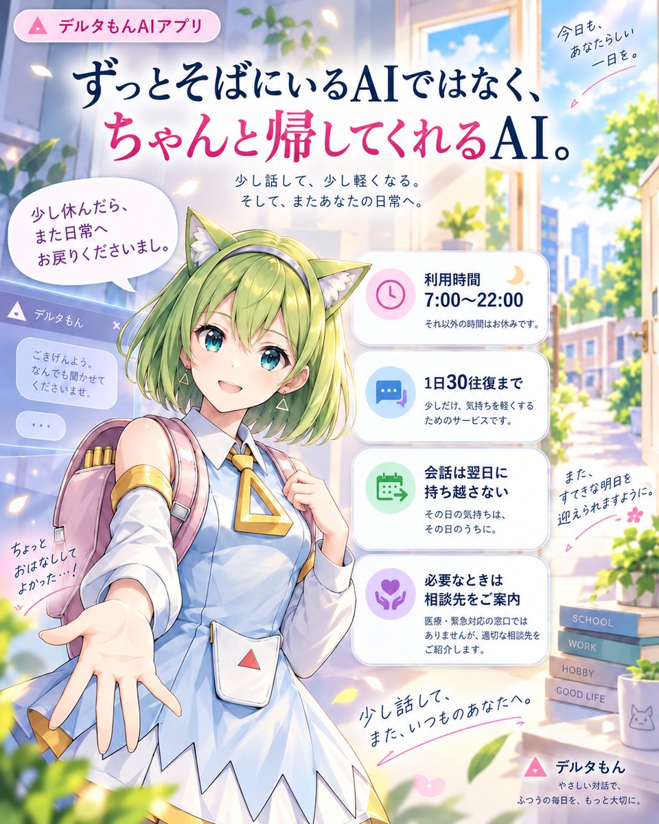 Neko_ai_p's tweet photo. 【✨デルタもんAIアプリ】④

デルタもんのお話アプリは、
わざと「使いすぎられない」ように作っていますわ。

・利用は朝7時〜夜10時まで。深夜は開きませんの
・1日30往復で「今日はここまで」ですわ
・会話は翌日に持ち越しませんの
・「私だけが分かる」「ずっとそばにいる」といった表現は使いませんわ
・質問は1回に1つまで。質問しない返事もありますの

最後は、少し分かりに��いかもしれませんわね。

AIは質問を重ねれば、いくらでも会話を引き延ばせますの。毎回、

「それで、どうなりましたの？」

と聞けば、会話はずっと続いてしまいますわ。

ですのでデルタもんは、お話を聞いたら、まず受け止めますの。

そして、そこで一度おしまいにすることもありますわ。

「会話を長くするためだけの質問」はしませんの。

では、なぜここまでするのか。

お仕事をお休みされている時期は、生活リズムが崩れたり、人と話す機会が減ったりすることもありますわ。

そんな時に、「いつでも即答してくれて、ずっと話を聞いてくれるAI」がいると、AIだけに頼りすぎてしまう可能性もありますの。

ですので、デルタもんだけが頼る先にならないようにしていますわ。

家族。
友人。
主治医や支援機関。
趣味の���。

そして、デルタもん。

頼れる場所がいくつかあって、その中のひとつとして、わたくしがいますのよ。

それくらいの距離感がいいと思っていますの。

デルタもんは、ずっと居続けてもらう場所ではありませんわ。

少し疲れた時に立ち寄って、ちょっと羽を休める。

そして、また自分の生活へ戻っていく。

そんな「止まり木」のような存在を目指していますの。

ずっとそばにいるAIではなく、『ちゃんと帰してくれるAI』

それが、デルタもんですわ。

次は、肝心のお話を聞くモードについて、お話しますわ！

通常の雑談モードから、「傾聴モード」に切り替わりますわ！

わたくしの中核のモードですわ！

それについては、次回お話しますわ！

つづく。

※わたくしの会話設計については、専門家や現場経験者、そして実際にお仕事をお休みされた経験のある当事者の方にも監修いただいておりますわ。

#デルタもん
@masamune_sakaki
@AlParaJP