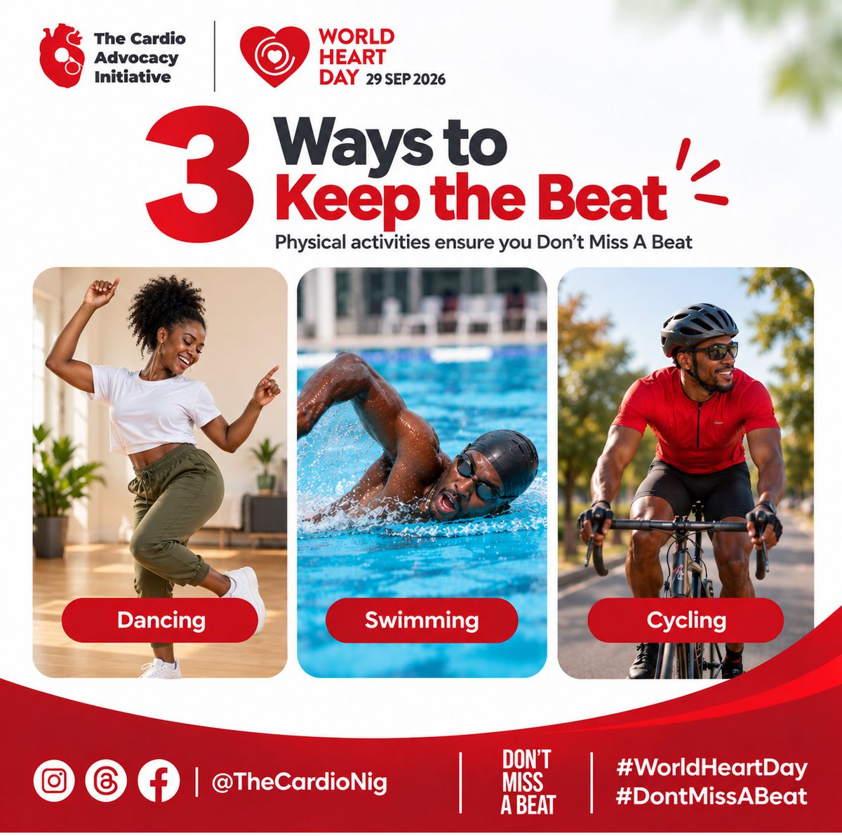 TheCardioNig's tweet photo. 𝐃𝐎𝐍'𝐓 𝐌𝐈𝐒𝐒 𝐀 𝐁𝐄𝐀𝐓
Here are 3 simple ways to Keep the Beat:
💃 Dance
🏊 Swim
🚴 Cycle
Keep moving.
Keep your heart healthy.
#WorldHeartDay #DontMissABeat #KeepTheBeat #HeartHealth #MoveForYourHeart #PhysicalActivity #CVDPrevention #TheCardioNig
@TheCardioNig https://t.co/qn323wzc3E
