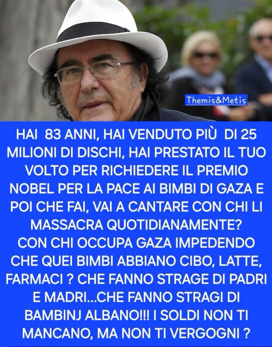 baffi_francesco's tweet photo. Mentre a Gaza in Palestina si spara e altre innocenti creature muoiono, in Israele, a Tel Aviv, Al Bano si esibisce in concerto e canta "Felicità".
Che pezzo di me... https://t.co/u6uCtui8HT