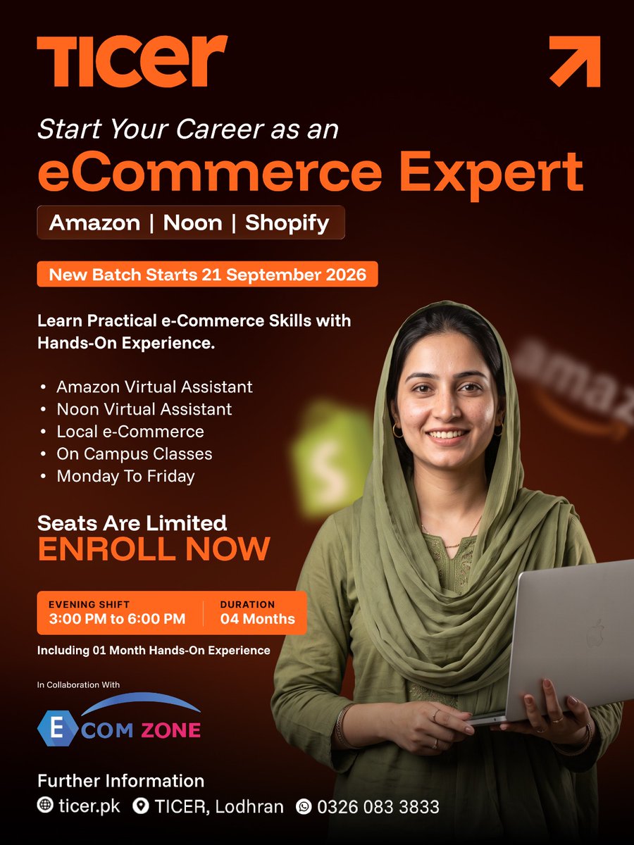 ticerpk's tweet photo. Start your e-Commerce journey with practical, hands-on training.
Amazon VA β’ Noon VA β’ Local e-Commerce
π
Batch: 21 Sept 2026
π 4 Months | π 3β6 PM
π TICER, Lodhran
π https://t.co/VaWlJffh1Z | π± 0326 083 3833
#TICER #eCommerce #AmazonVA #NoonVA https://t.co/iw7zuSg8vJ