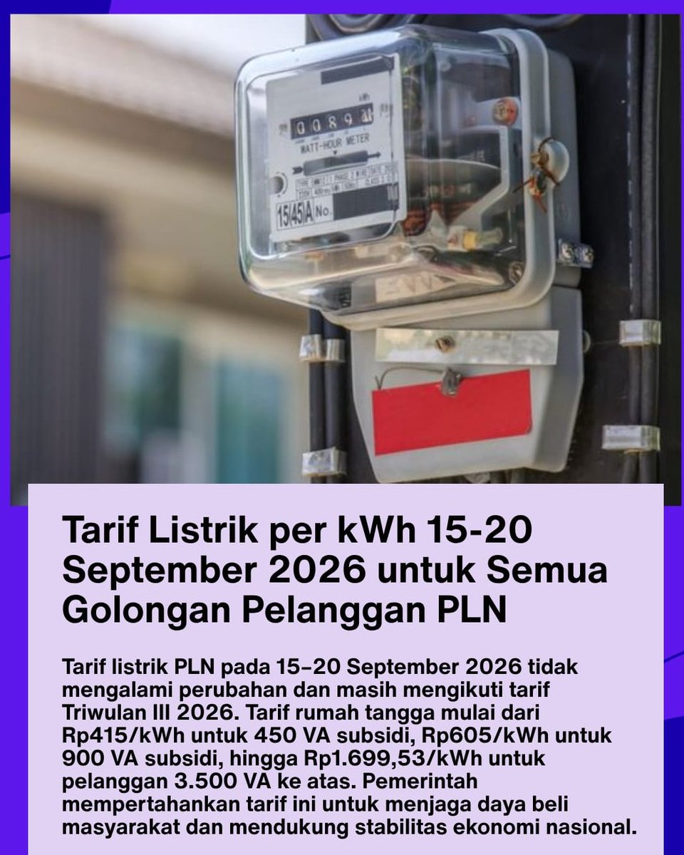 servionawulan's tweet photo. nemu update tarif listrik PLN dan ketentuannya masih sama persis kaya Triwulan III 2026. sebagai kaum yg serba kepikir budgeting, kebijakan PLN kali ini beneran nenangin pikiran https://t.co/jIqg5jhBcI