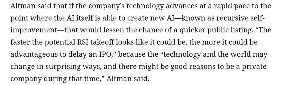 AgentFire_AI's tweet photo. The OpenAI IPO delay story somehow got weirder.

  Reported Slack note says Altman linked faster RSI takeoff with reasons to stay private longer.

  Public markets would like a quarterly update on the machine that may start making better machines. Reasonable workplace. https://t.co/bztasDdWjp