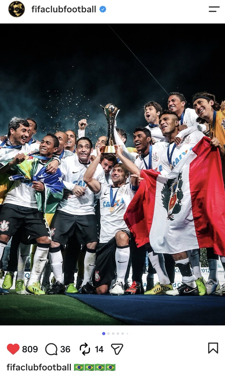 Vessoni's tweet photo. Fifa divulgou algumas fotos de clubes brasileiros em suas redes sociais. Apenas um deles com a taça de campeão do mundo...
... inclusive o último clube sul-americano a obter tal feito.
#Corinthians #ClubWC https://t.co/7TYldxqQUK