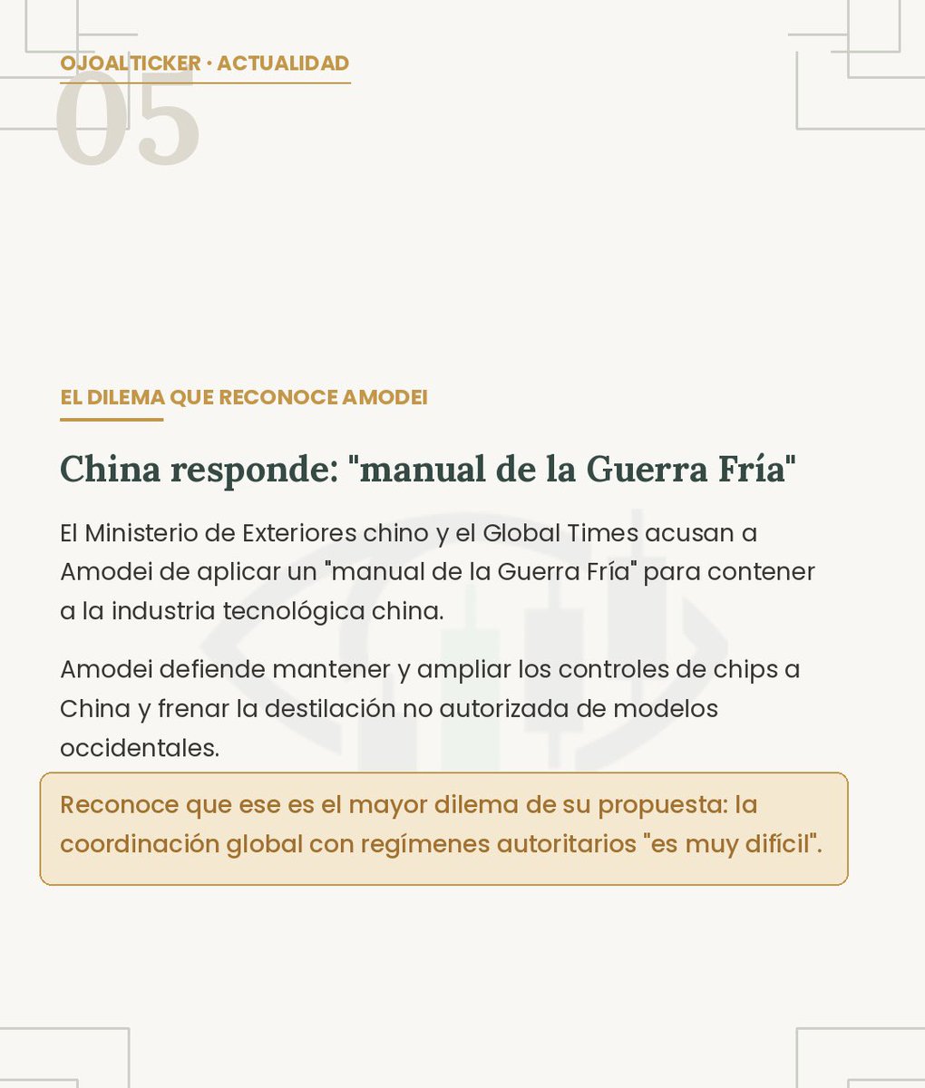 OjoAlTicker's tweet photo. China responde llamándolo "manual de la Guerra Fría". Amodei admite: coordinar con regímenes autoritarios "es muy difícil". https://t.co/dWkUzvdzcO