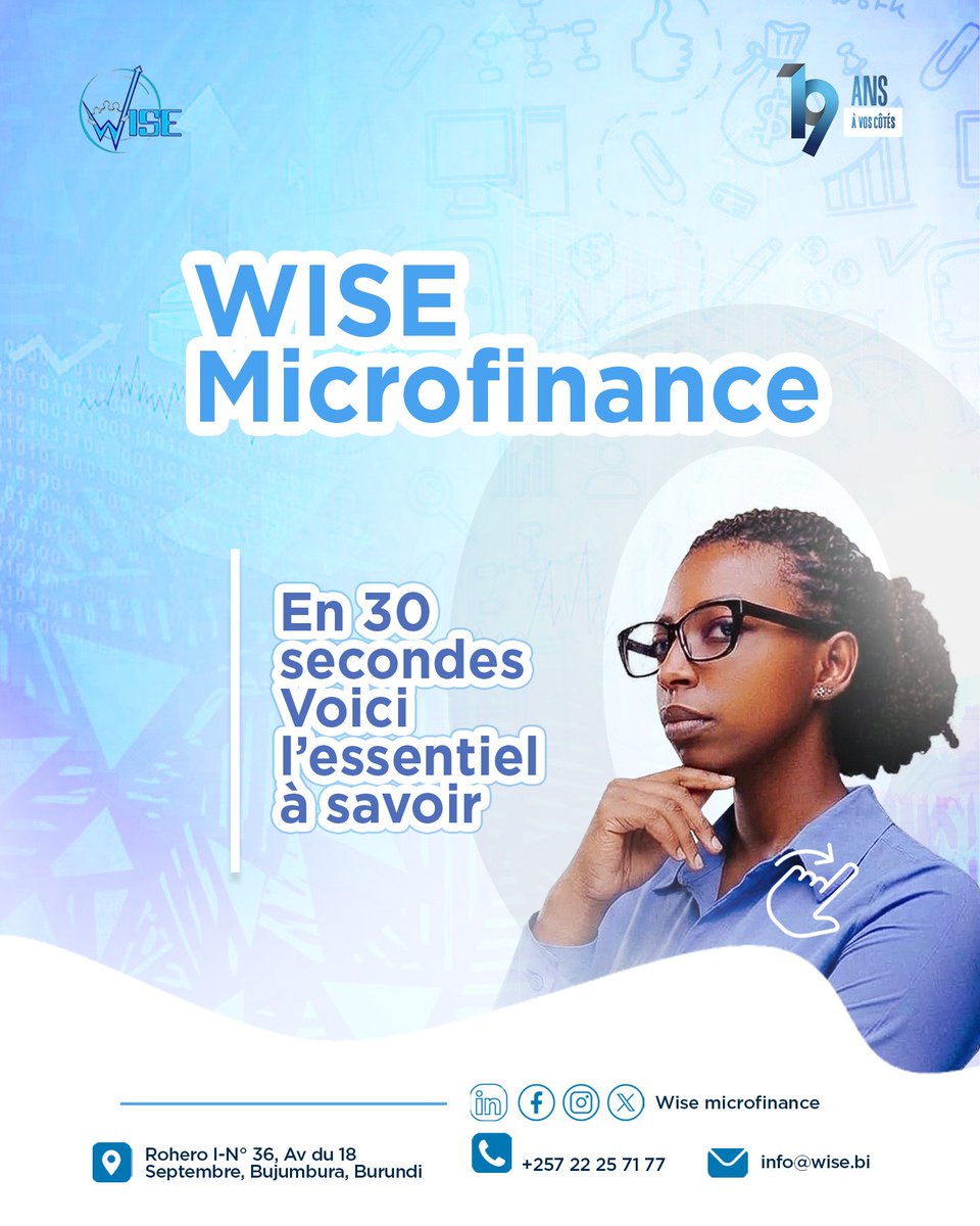 Wise_imf's tweet photo. Vous avez peut-être déjà entendu parler de WISE Microfinance. 

Dans ce carrousel, nous vous partageons quelques éléments essentiels pour mieux connaître WISE et notre parcours depuis 2007.

Vous avez un projet à financer ou souhaitez commencer à épargner? 

📞 +257 22 25 71 77 https://t.co/mYYDHoPASw