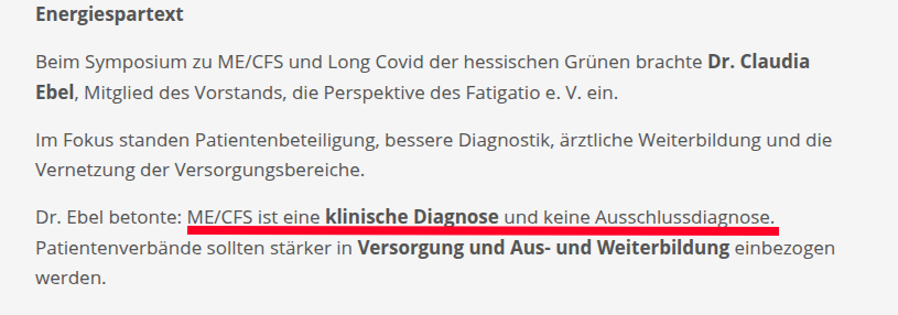 HumanManifold's tweet photo. Wichtig, was Dr. Ebel (Fatigatio) hier bei einem Symposium sagt. Denn leider wird das selbst von ME/CFS-Experten oft falsch dargestellt. ME/CFS ist eben KEINE Ausschlussdiagnose, sondern wird (wie viele Erkrankungen) klinisch anhand etablierter Kriterien diagnostiziert. (1/2) https://t.co/vKrmAfJ8ke