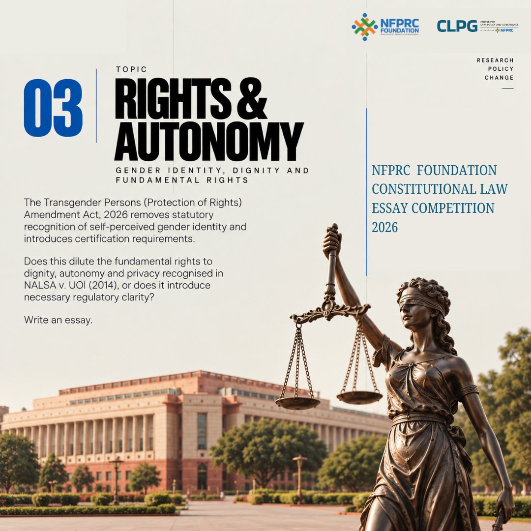 NFPRC_Ind's tweet photo. 1/ What should India’s constitutional future look like?

The NFPRC Constitutional Law Essay Competition 2026 invites students & young professionals to engage with questions of federalism, representation, rights, governance & public policy.

🏆 ₹75,000 in prizes
💼 Internships + ₹30,000/month stipend
📝 Submissions open!

#NFPRC #ConstitutionalLaw #EssayCompetition