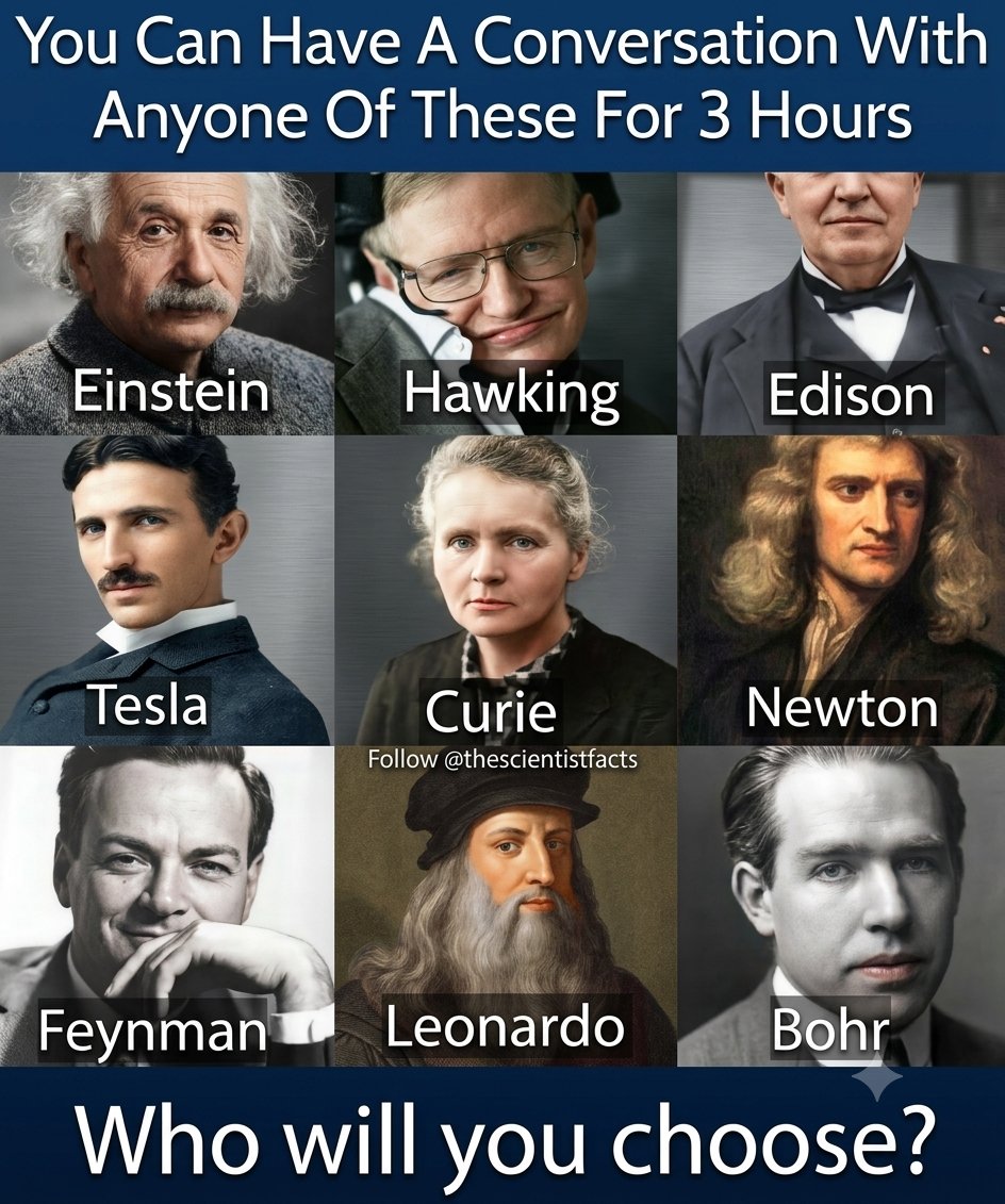 amazing_physics's tweet photo. If You Could Talk to One Genius for 3 Hours, Who Would You Choose? 🧠✨
Imagine having three uninterrupted hours with one of history’s greatest minds.
Would you choose Einstein, Hawking, Tesla, Curie, Newton, or another brilliant thinker?
Each of them changed the way we understand science and the world.
Who would you choose, and what would be your first question? 🤔🌍