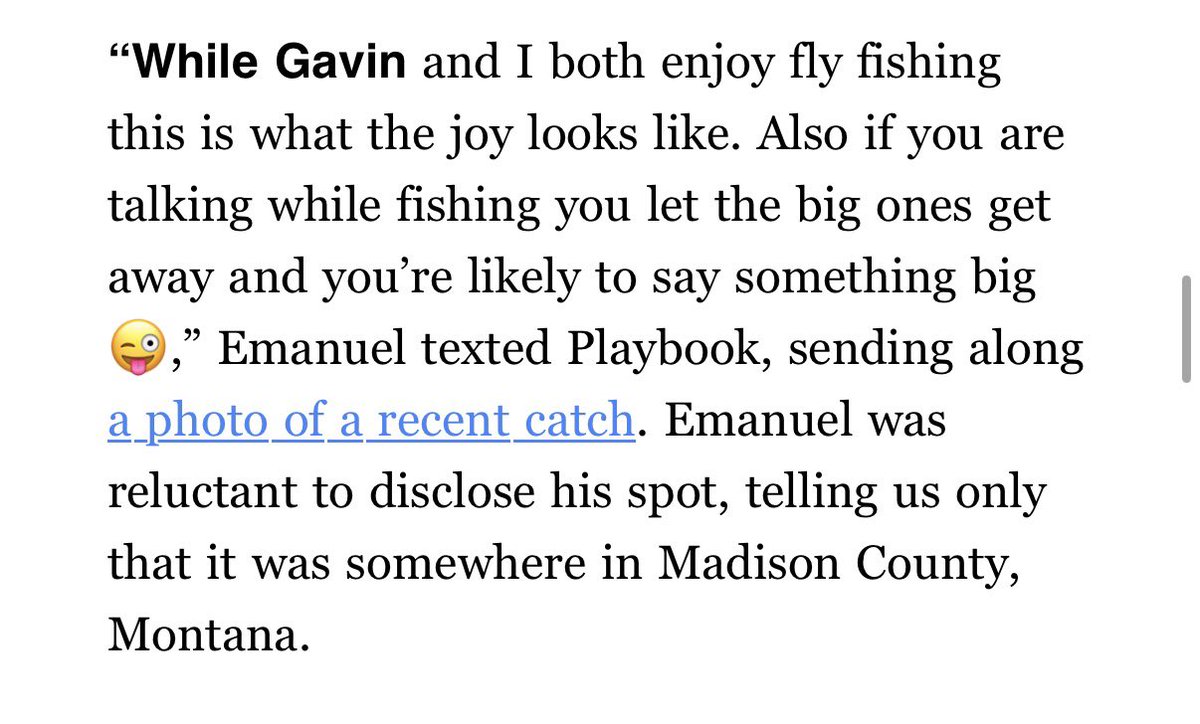 adamwren's tweet photo. I asked noted angler @RahmEmanuel — until recently on a CNN contract — how @GavinNewsom beat him to fly fishing on CNN. 

He sent me this: 

via @playbookdc https://t.co/svYGTw14K4