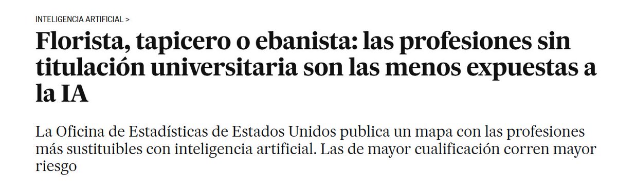 jesusverdeL's tweet photo. #OJO 

La Oficina de Estadística de los Estados Unidos acaba de publicar la lista de trabajos potencialmente amenazados por la #IA.  La escala va desde una amenaza alta hasta una baja, lo que permite determinar que los trabajos manuales  por ahora son poco sustituibles. Entre los trabajos altamente expuestos se encuentran: Entrevistadores, locutores, disc jockeys, agentes de ventas publicitarias, analistas de noticias, reporteros, periodistas, sociólogos, politólogos, editores, escritores, desarrolladores de software, entre otros.

Revisen los cuadros: