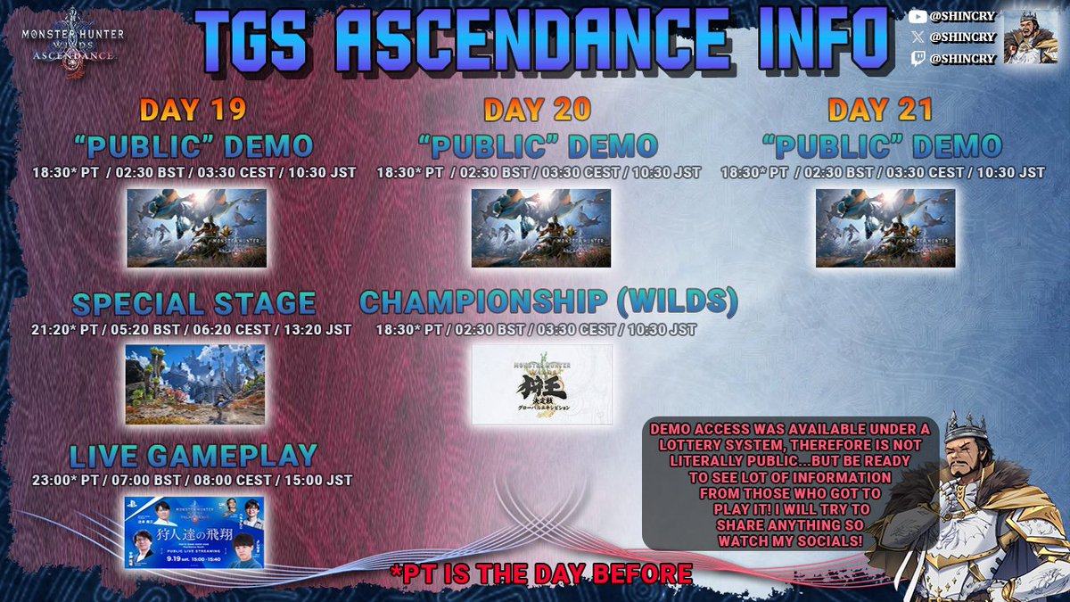 Shincry's tweet photo. ⏰TGS ASCENDANCE NEWS⏰

Did you know the demo will be available on TGS EARLIER than the official teaser/gameplay? 😳

Information about the event relevant to MHWilds Ascendance is a bit convoluted, timezones are confusing, so I compiled everything for comfort!

RT helps 🫶🔁 https://t.co/Qor8b6H2wN