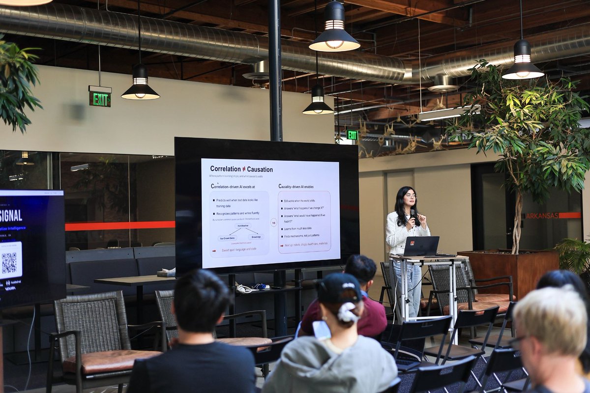 AetherLab_AI's tweet photo. Our founder @huang_biwei spoke at AI Infra Signal in Sunnyvale last weekend and shared some of our work on causal intelligence💡

For us, causality is about understanding how actions change the world and reasoning about their consequences before acting. This matters as AI systems begin to act in changing environments.

Thanks to the organizing team, speakers, and everyone who attended. The wide range of perspectives made the broader AI infrastructure picture much more concrete!