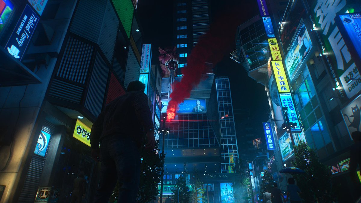 transformllogan's tweet photo. 『Marvel's Wolverine』の歌舞伎町にTOHOシネマっぽい建物があった！！ゴジラじゃなくてTレックスの頭になってるけど https://t.co/H3iWmVheGo
