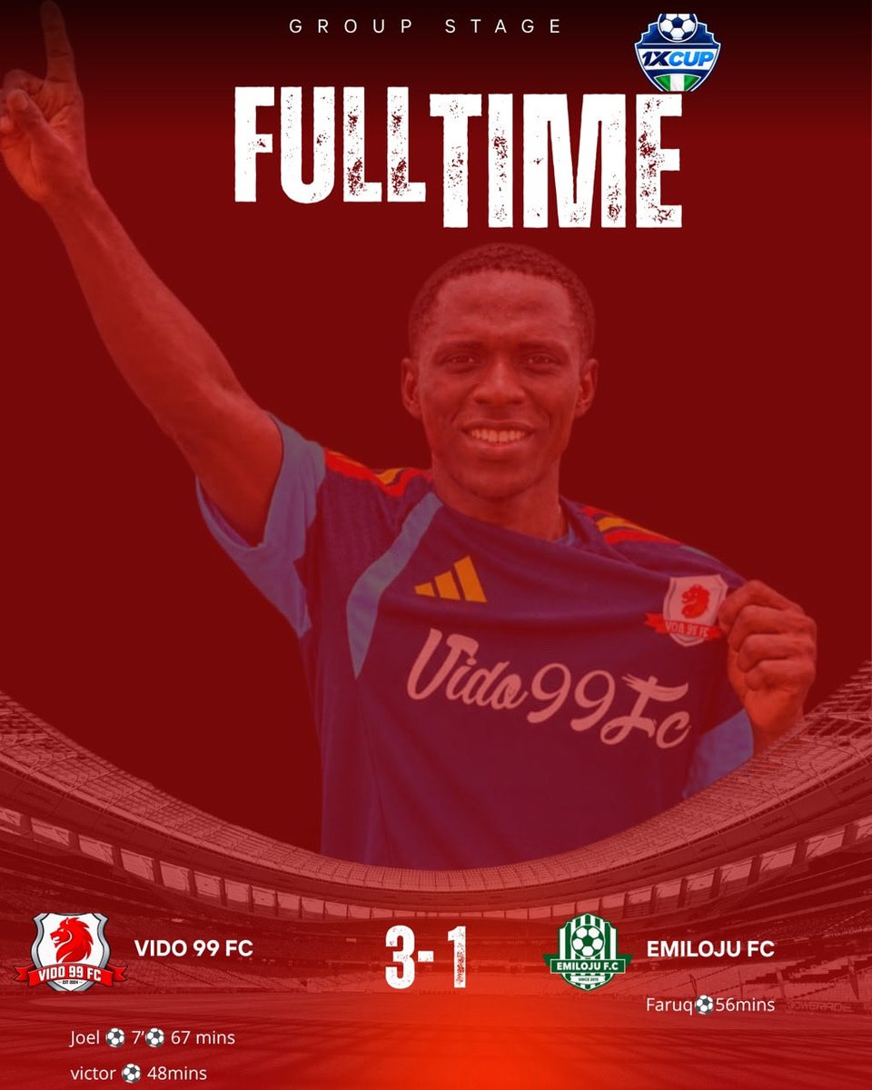 Vido99fc's tweet photo. 🏆 MATCH WRITE-UP | X CUP GROUP STAGE
VIDO 99 FC 3–1 EMILOJU FC
Vido 99 Fc delivered an impressive performance at the Inspire Sports Arena, securing a convincing 3–1 victory over Emiloju FC in the 1xCup Group Stage. https://t.co/qrO9ToBJQm