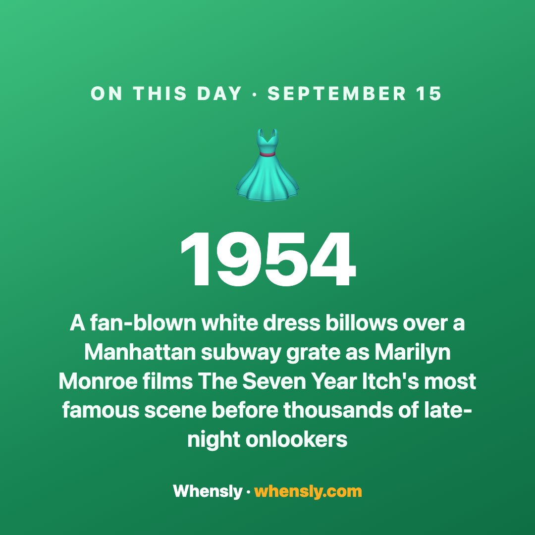 playwhensly's tweet photo. 📅 On this day in 1954: A fan-blown white dress billows over a Manhattan subway grate as Marilyn Monroe films The Seven Year Itch's most famous scene.

Think you could place it on the timeline? New daily puzzle 👉 https://t.co/G6NtiXNbxp
#OnThisDay #movies https://t.co/FMvH9PFEvX