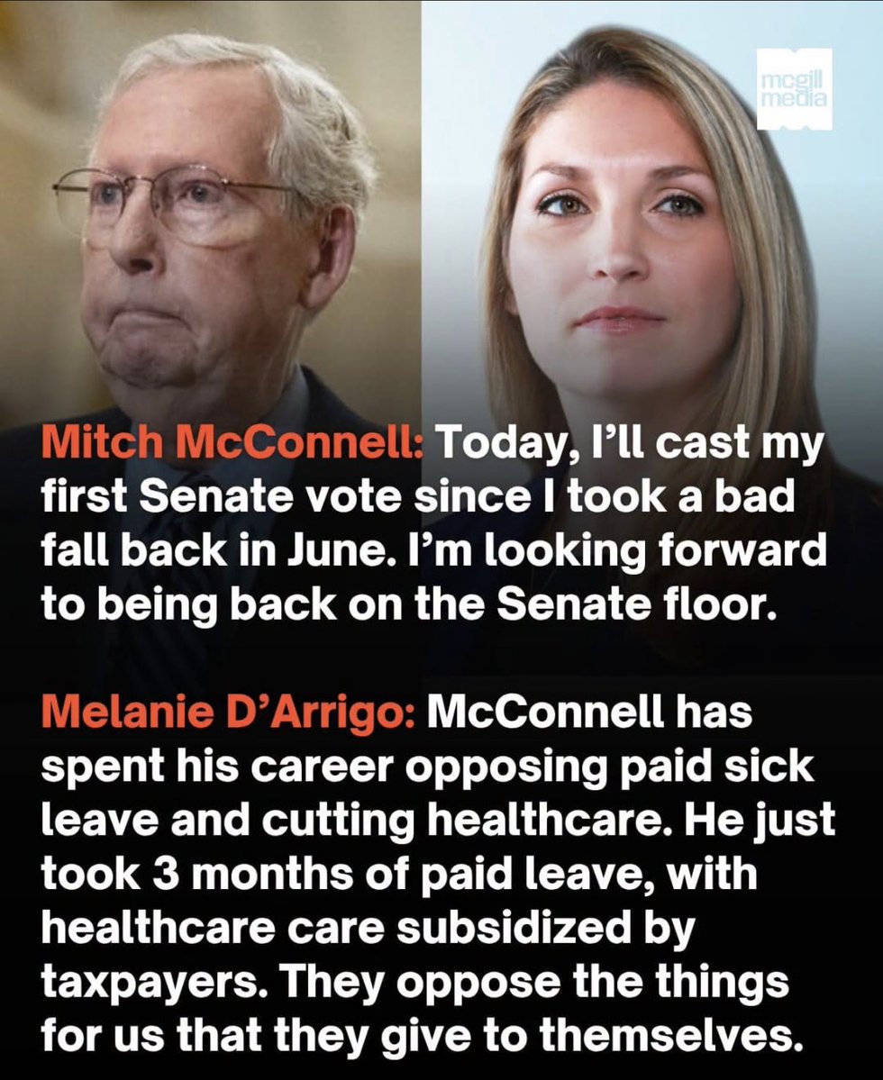 AnnieForTruth's tweet photo. Melanie D’Arrigo blasted Mitch McConnell after his return to the Senate following his medical leave. McConnell received paid sick leave for over 3 months &amp; Cadillac health care paid for by taxpayers while he supported policies limiting paid sick leave &amp; healthcare for Americans. https://t.co/CVmlQj6pOZ