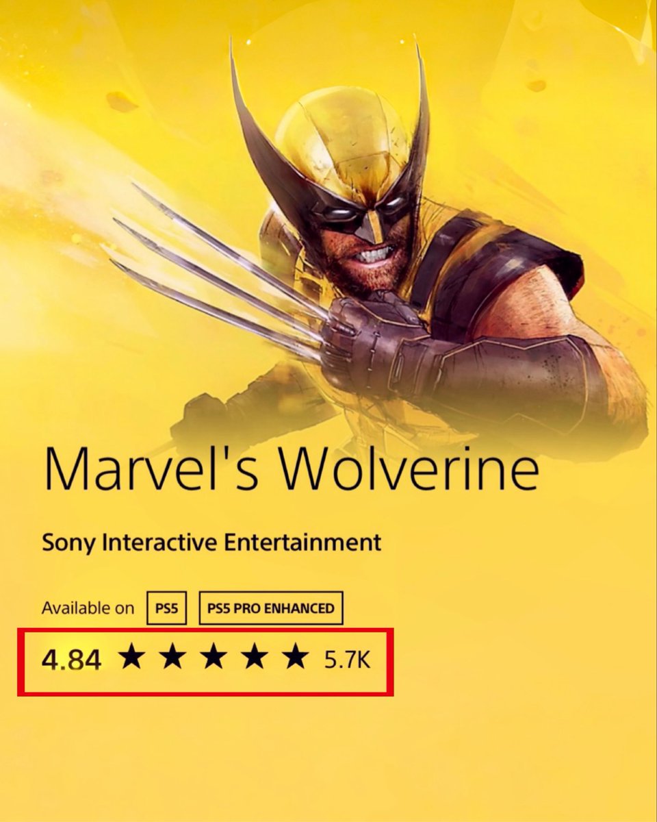 TCMF2's tweet photo. People are loving Wolverine PS5 so far 

The store rating after nearly 6K votes puts the Wolverine rating at 4.84 / 5 stars https://t.co/QF7v1Fj00f