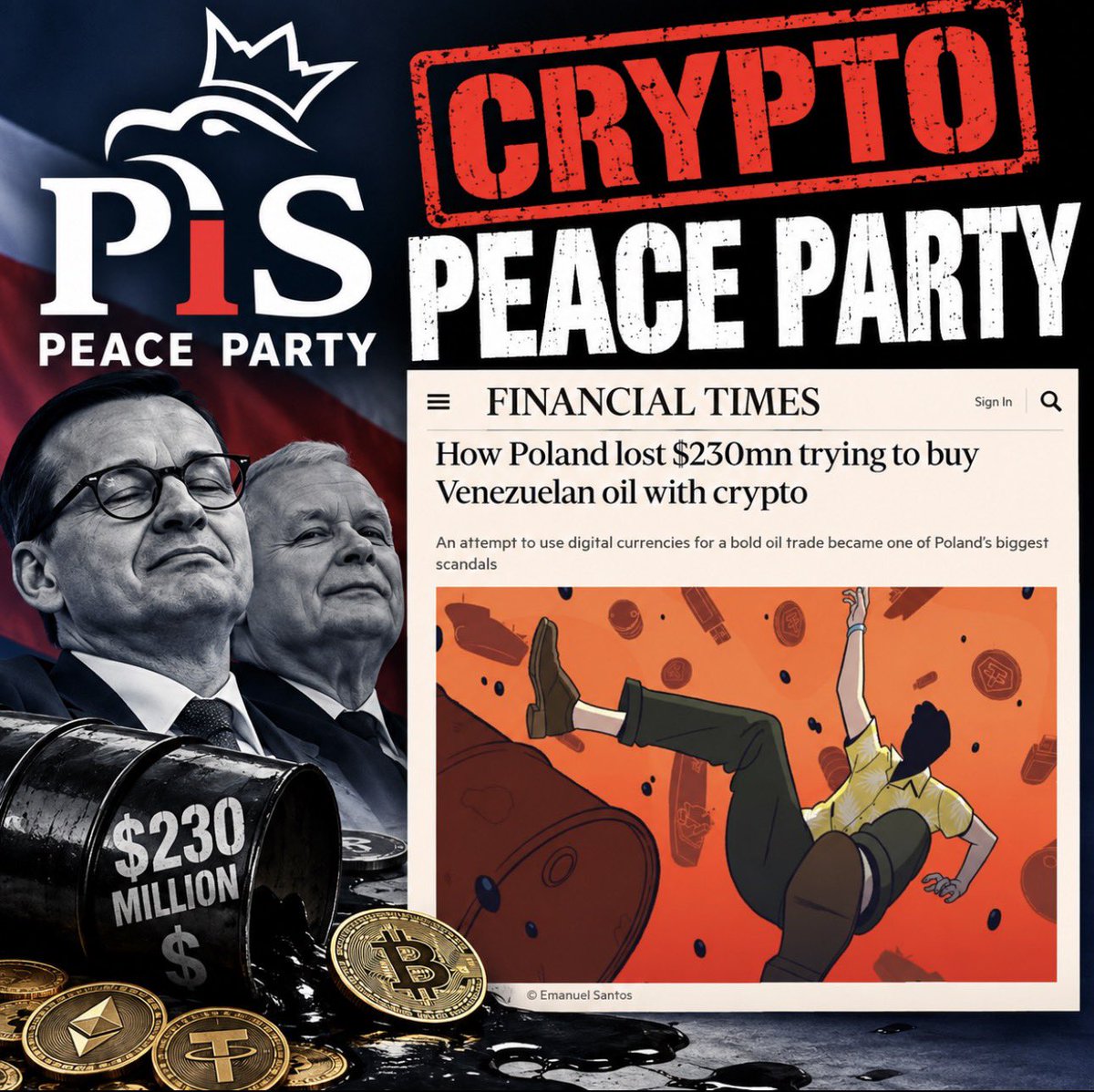 PawlowskiMario's tweet photo. Polish Far-Right party PiS Economics: Send $230 Million For Oil, Get Almost No Oil🇵🇱🛢️

If you’re wondering what eight years of Poland’s conservative nationalist PiS government looked like behind the patriotic speeches, here’s one hell of an example.

In late 2023, while PiS was still running Poland and Daniel Obajtek was running state controlled energy giant Orlen, its Swiss trading arm decided to buy Venezuelan oil through a Dubai intermediary it had never previously worked with. Orlen advanced $230 million for roughly six million barrels of crude. According to today’s Financial Times investigation, much of the money was subsequently moved through an extraordinary chain involving cryptocurrency and intermediaries. The original oil never arrived. Orlen is still trying to recover the $230 million. 

And $230 million wasn’t even the entire fucking disaster. Reuters previously reported $330 million in payments to two Dubai intermediaries, while Venezuelan state oil company PDVSA had not received the money and therefore hadn’t allocated the expected cargoes. Polish prosecutors investigated losses approaching $400 million. The Polish government’s later estimate, including shipping, legal and other costs attributed to mismanagement, reached about $424 million. 

The operation was launched during the final weeks of PiS rule. After Donald Tusk’s coalition took power and Orlen’s management changed, the contracts were eventually terminated and investigations followed. Prosecutors have since charged former OTS executives with criminal mismanagement. PiS has denied involvement in the scandal, and former Orlen officials have disputed responsibility for the losses. 

This is the part of conservative politics I truly love: endless speeches about patriotism, competence, sovereignty and protecting taxpayers’ money, and then somewhere behind the flag somebody sends hundreds of millions of dollars into an oil deal involving Dubai middlemen, Venezuelan brokers and fucking crypto.

Poland, America, I don’t care what flag you’re waving. When politicians sell themselves as the guardians of fiscal responsibility, always watch the damn money.
